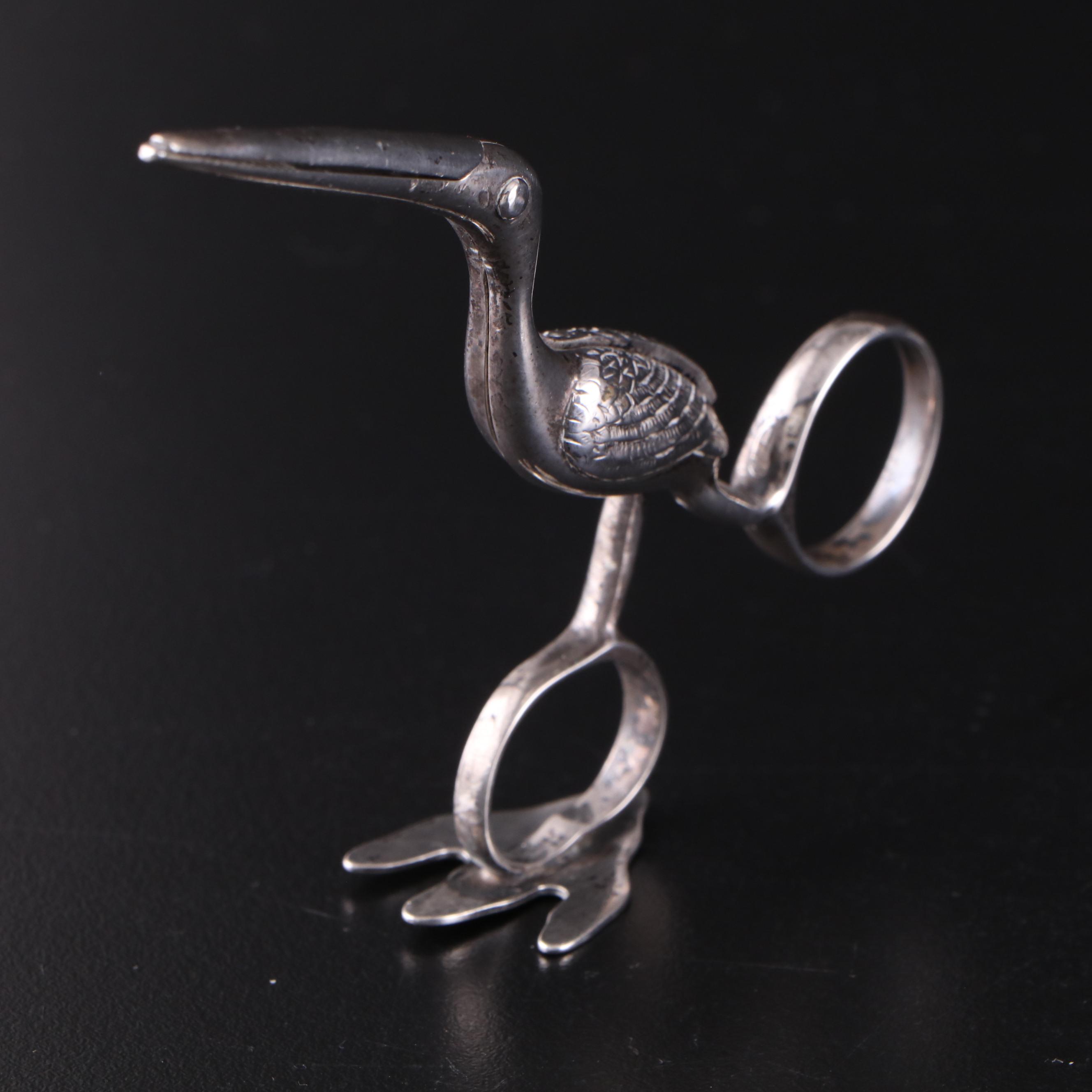 Victorian Sterling Silver Stork Ribbon Puller and Sterling and Crystal Stand