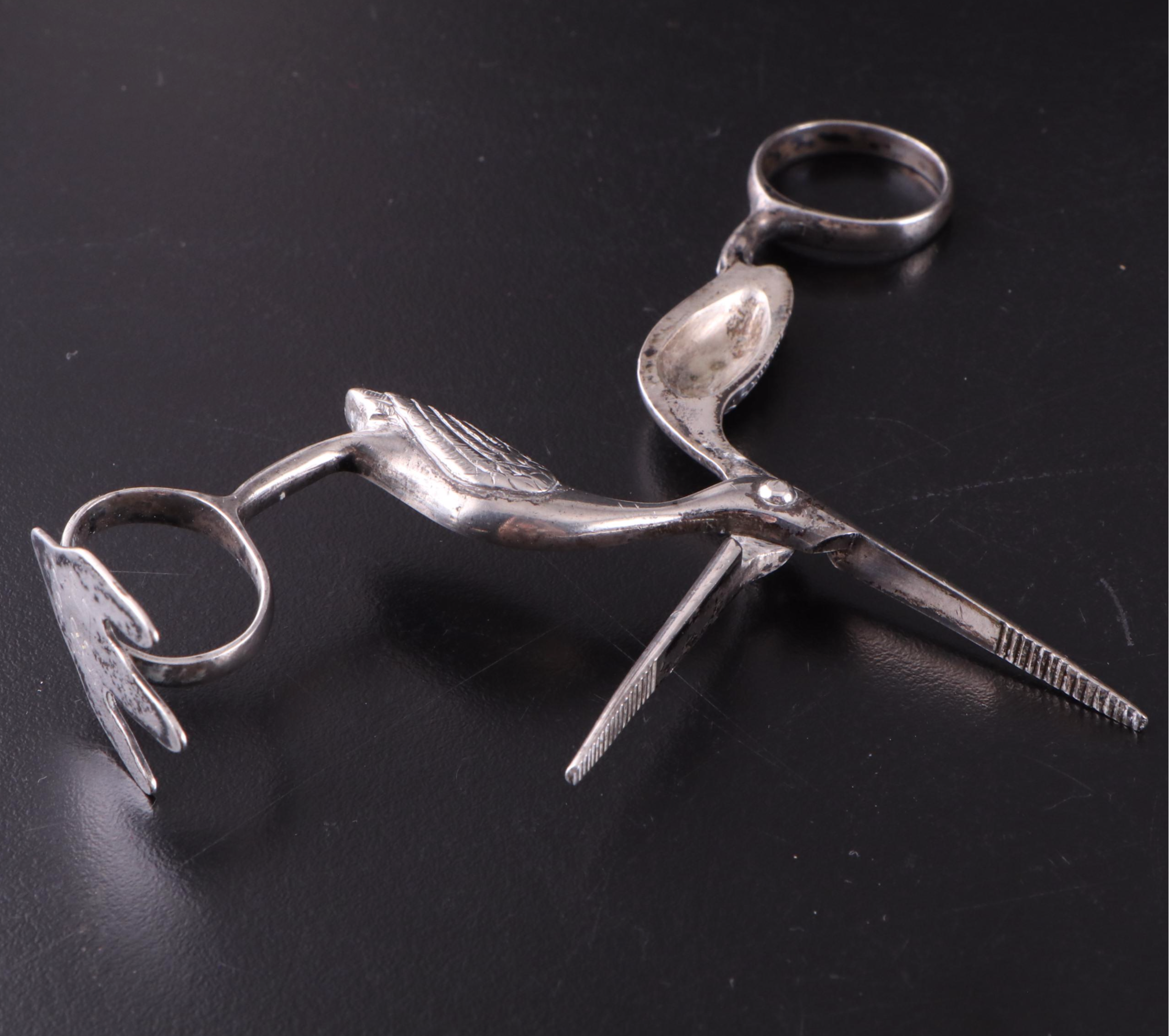 Victorian Sterling Silver Stork Ribbon Puller and Sterling and Crystal Stand