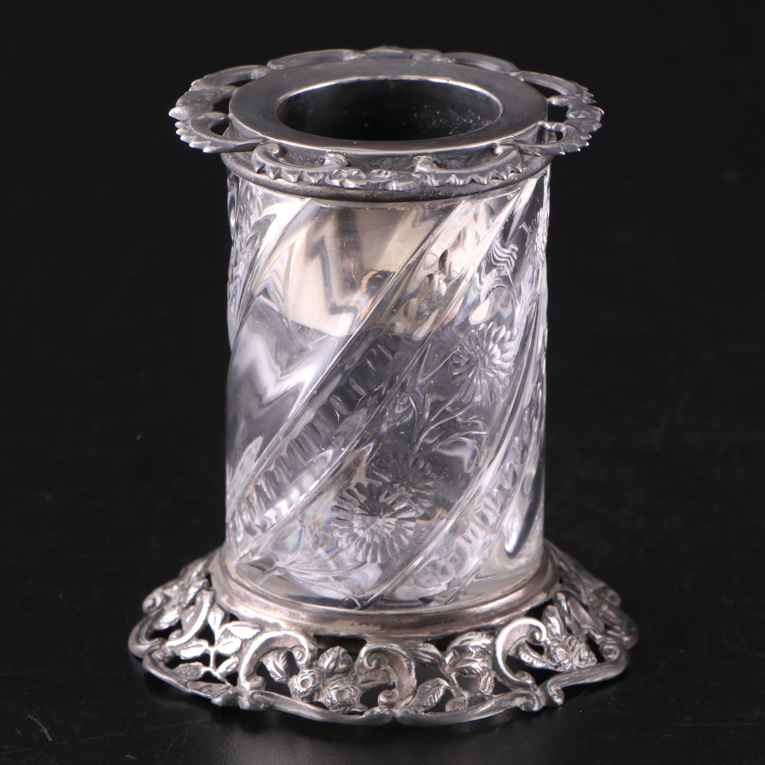 Victorian Sterling Silver Stork Ribbon Puller and Sterling and Crystal Stand