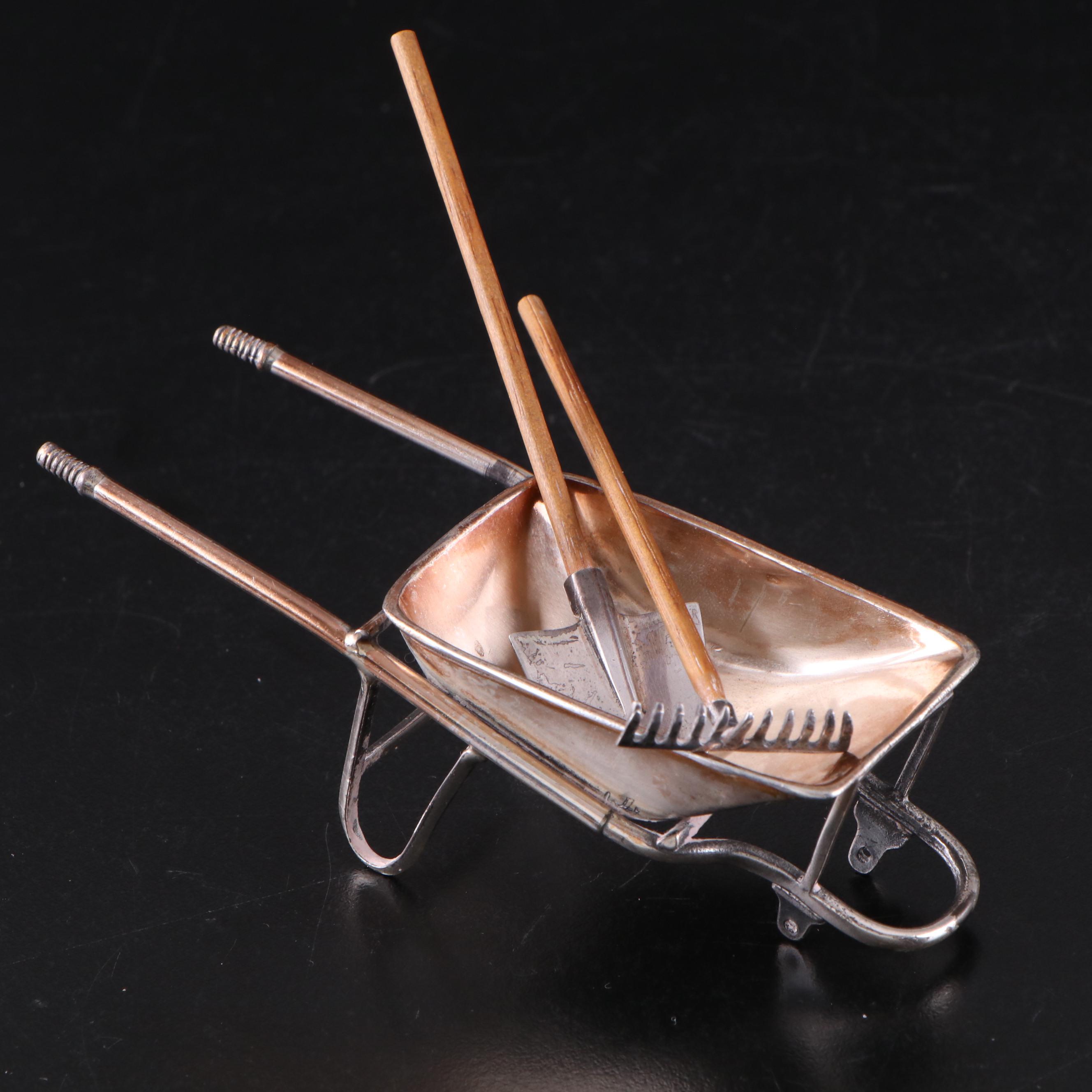 English Miniature Sterling Silver Wheelbarrow with Sterling Rake and Shovel