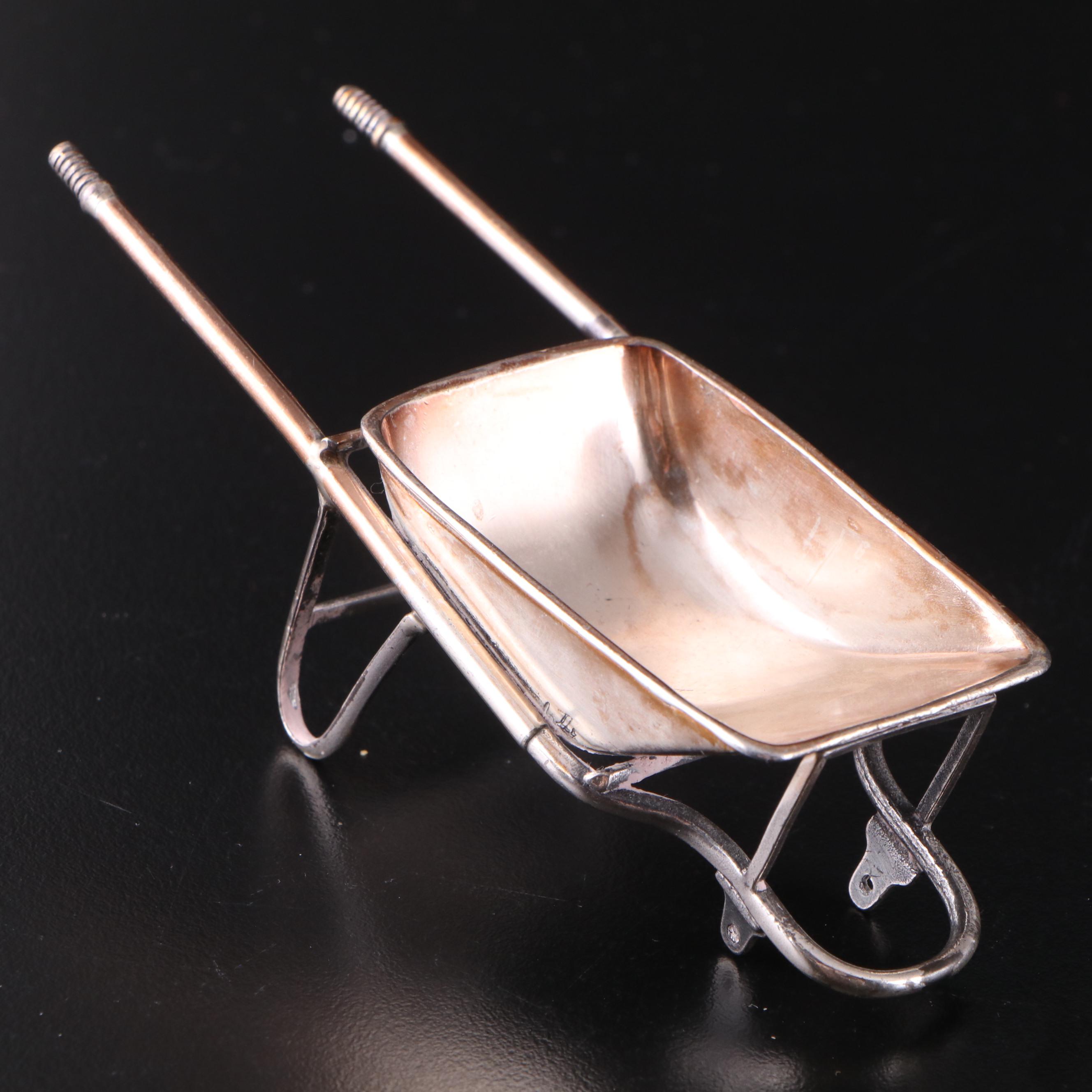 English Miniature Sterling Silver Wheelbarrow with Sterling Rake and Shovel