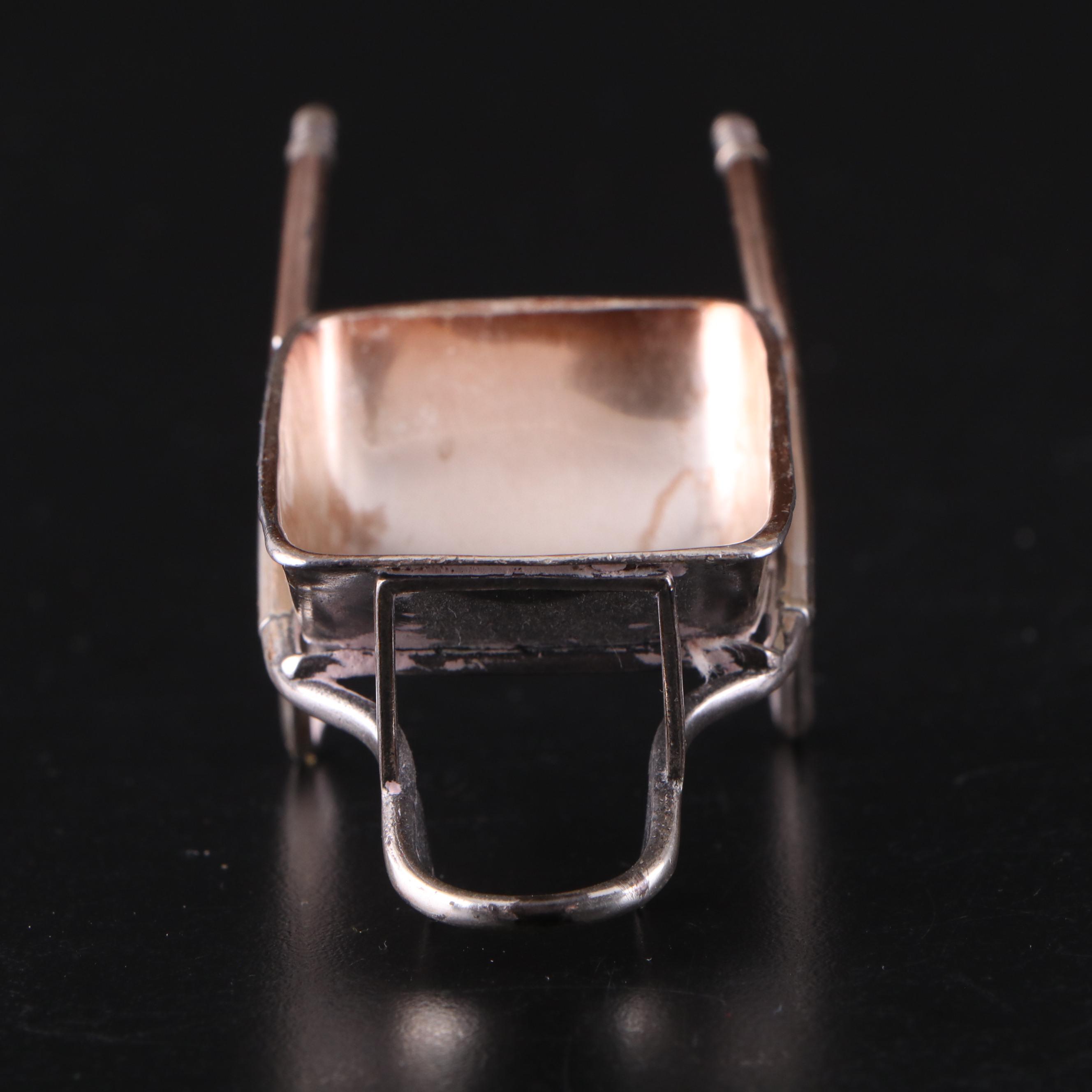 English Miniature Sterling Silver Wheelbarrow with Sterling Rake and Shovel