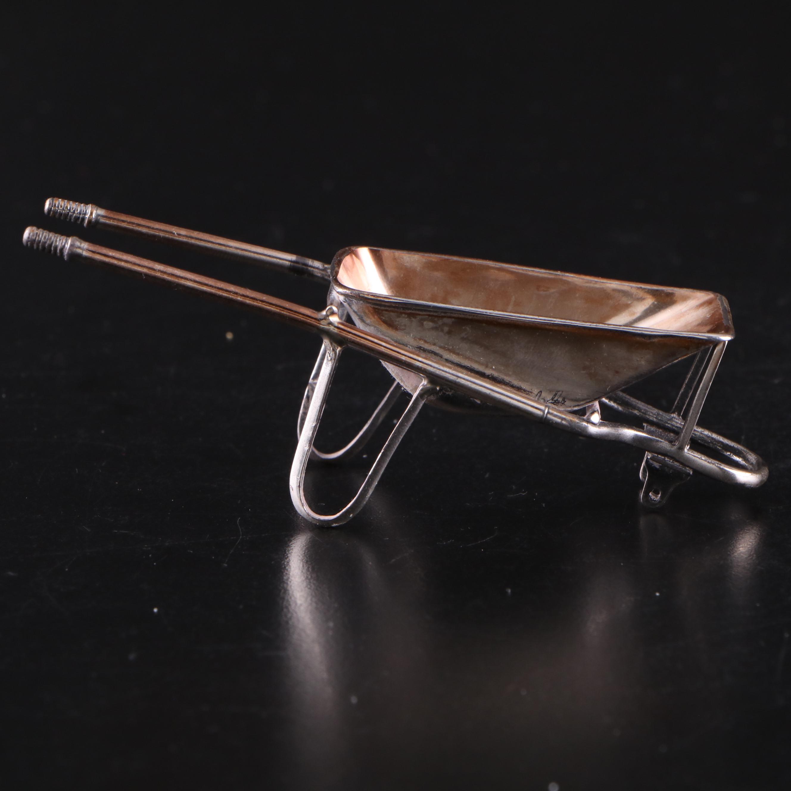 English Miniature Sterling Silver Wheelbarrow with Sterling Rake and Shovel