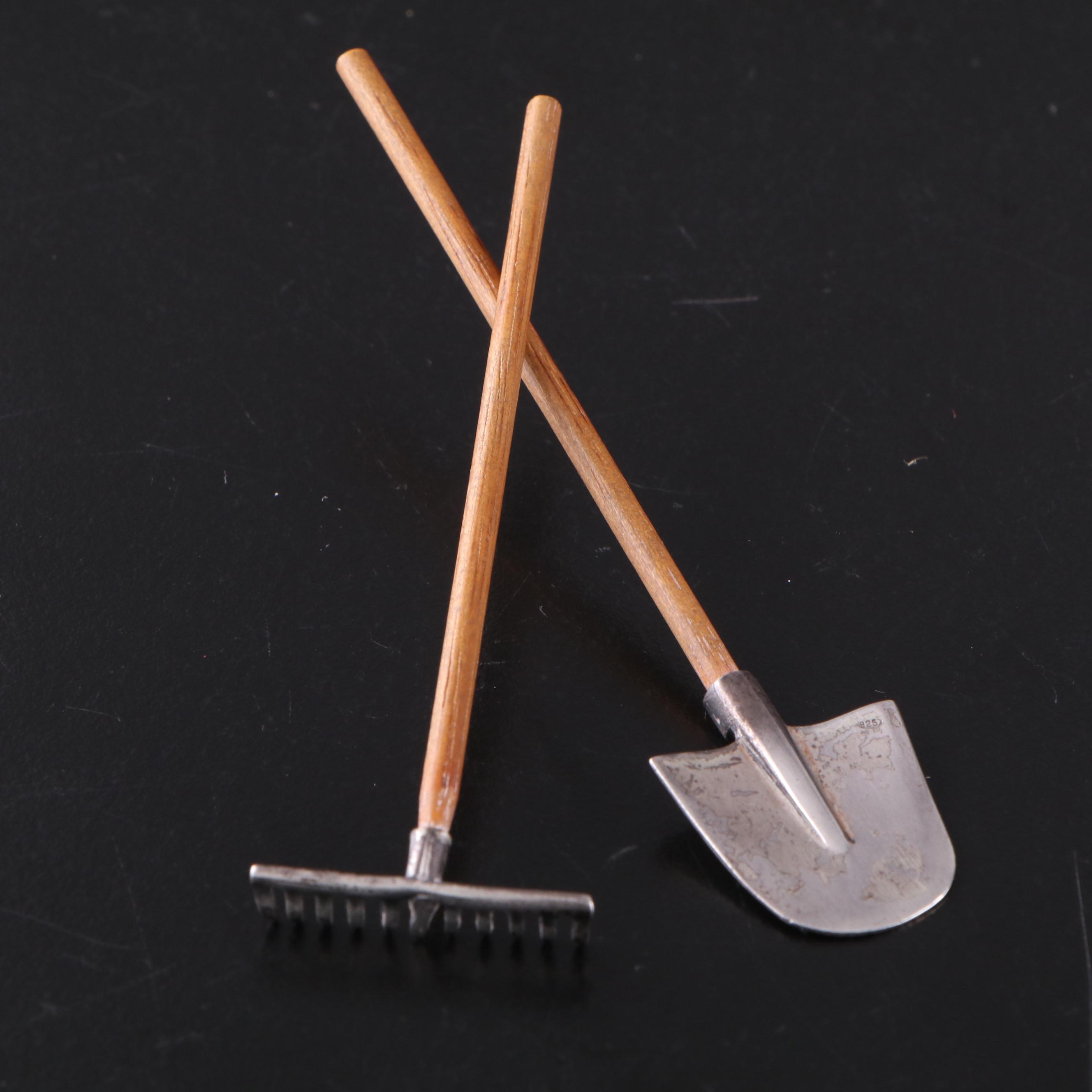 English Miniature Sterling Silver Wheelbarrow with Sterling Rake and Shovel