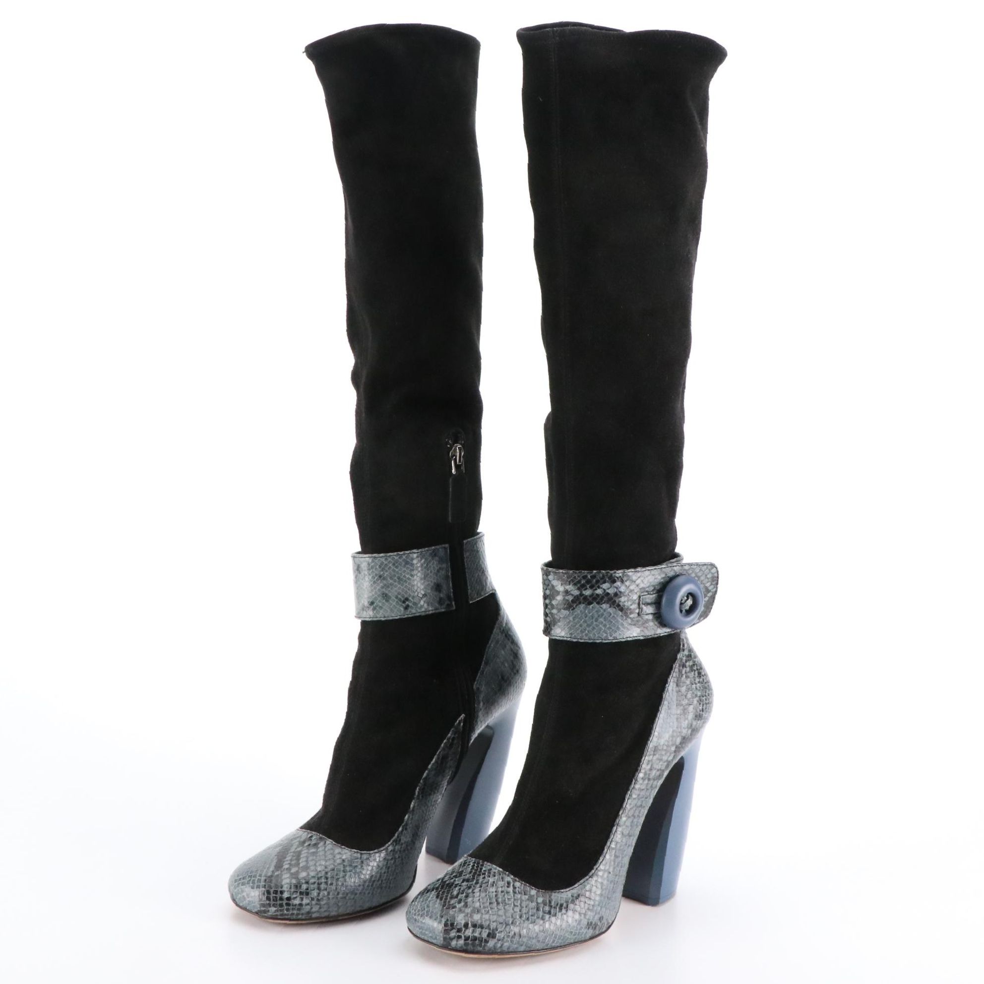 Prada Black Suede Knee-High Boots With Blue Python Trim