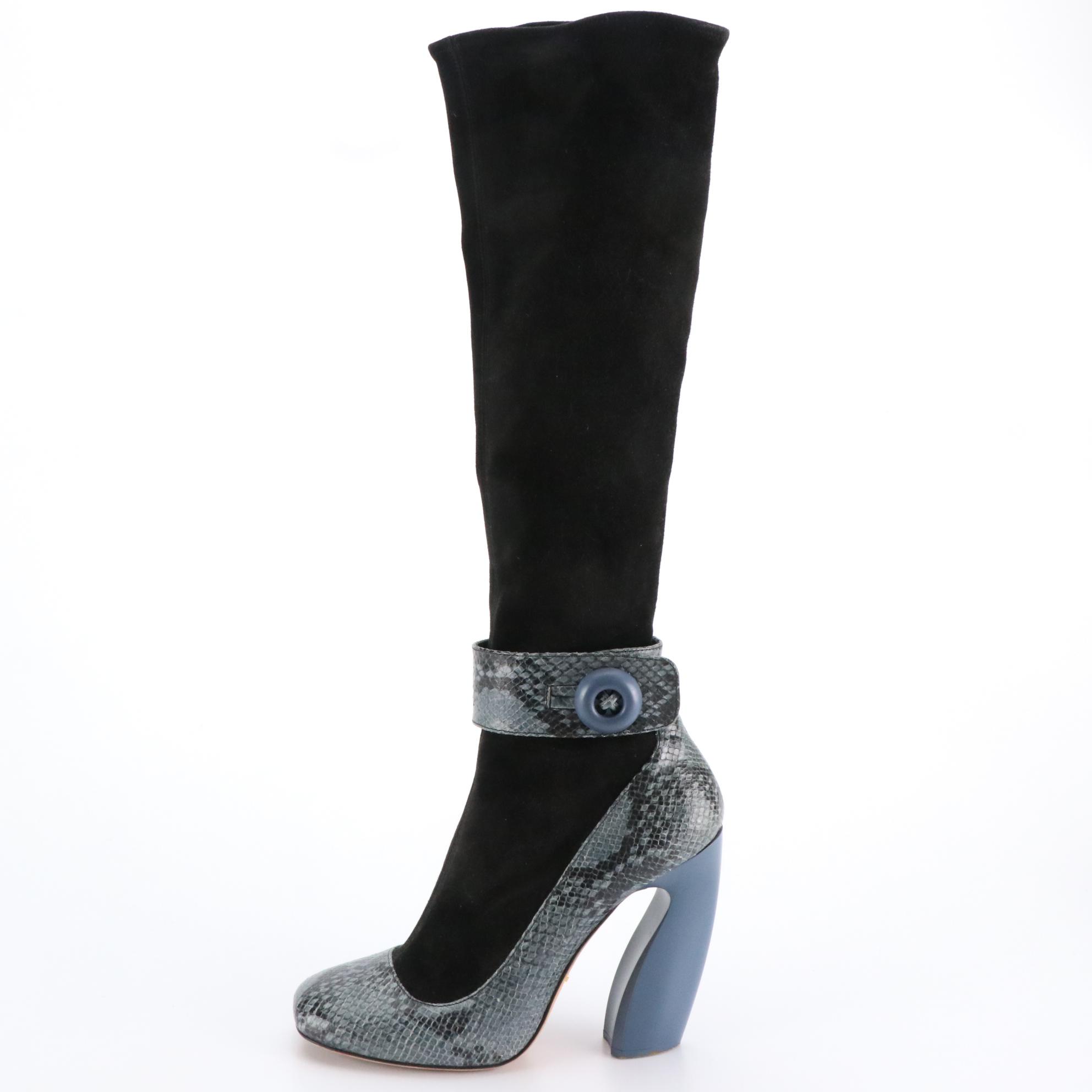 Prada Black Suede Knee-High Boots With Blue Python Trim
