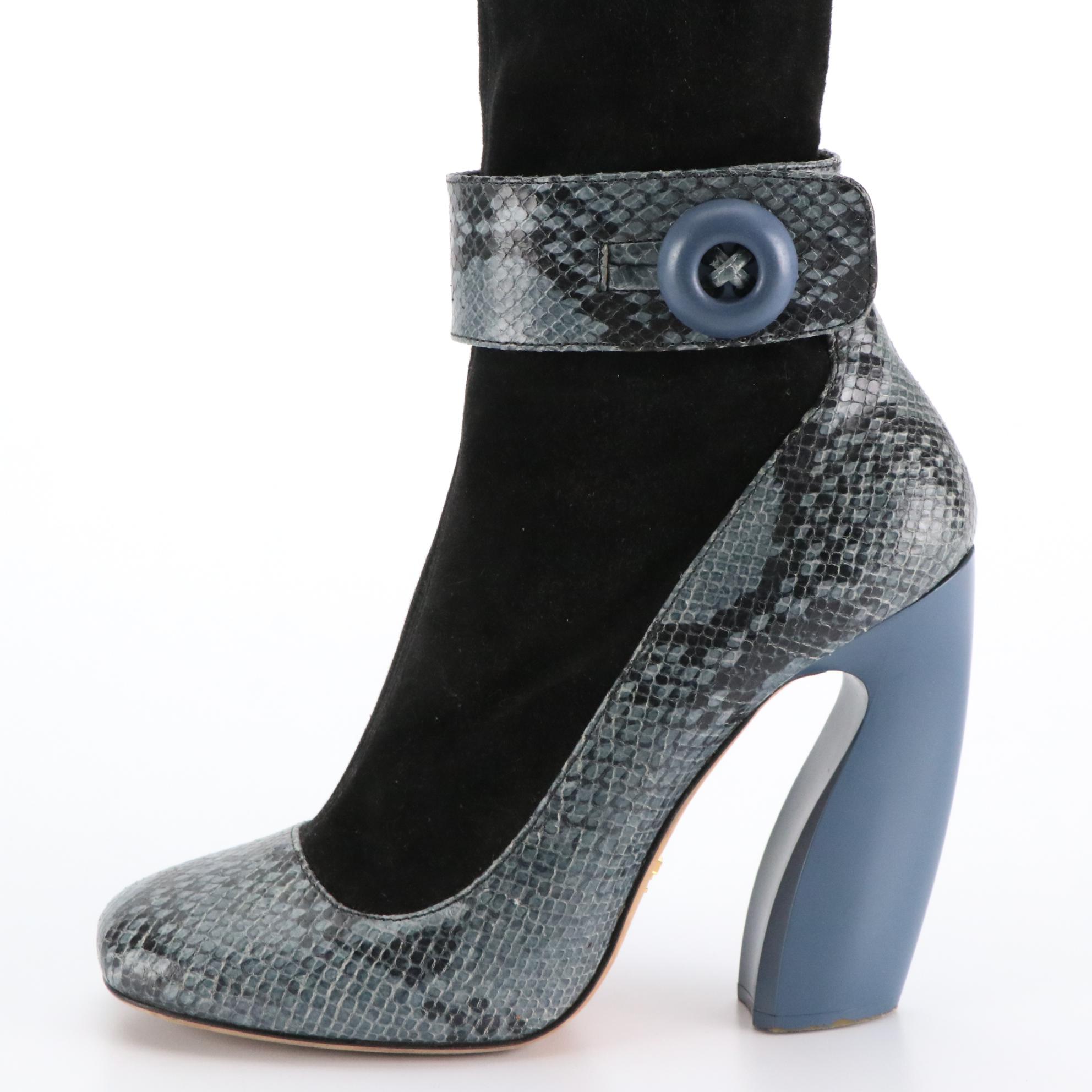 Prada Black Suede Knee-High Boots With Blue Python Trim