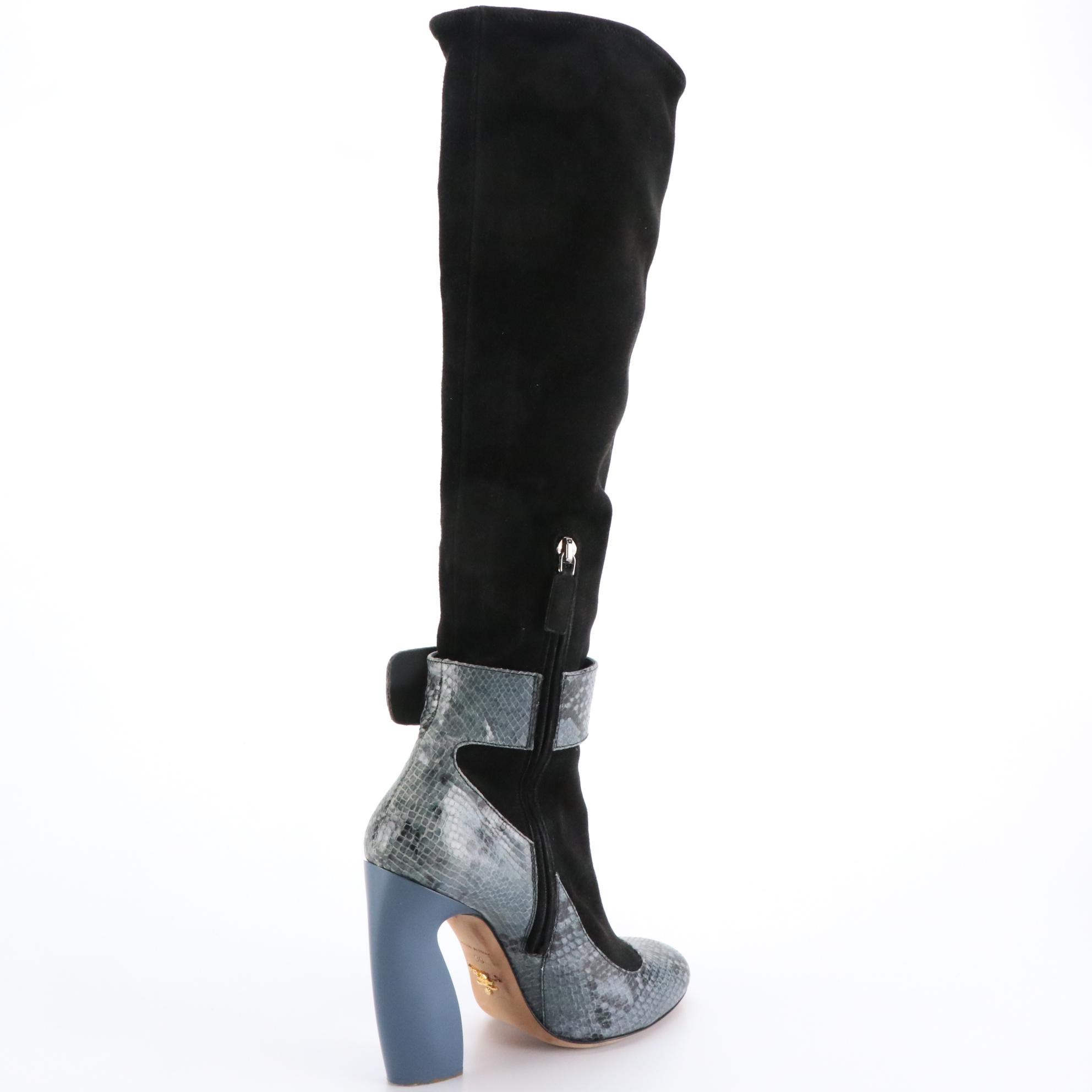 Prada Black Suede Knee-High Boots With Blue Python Trim