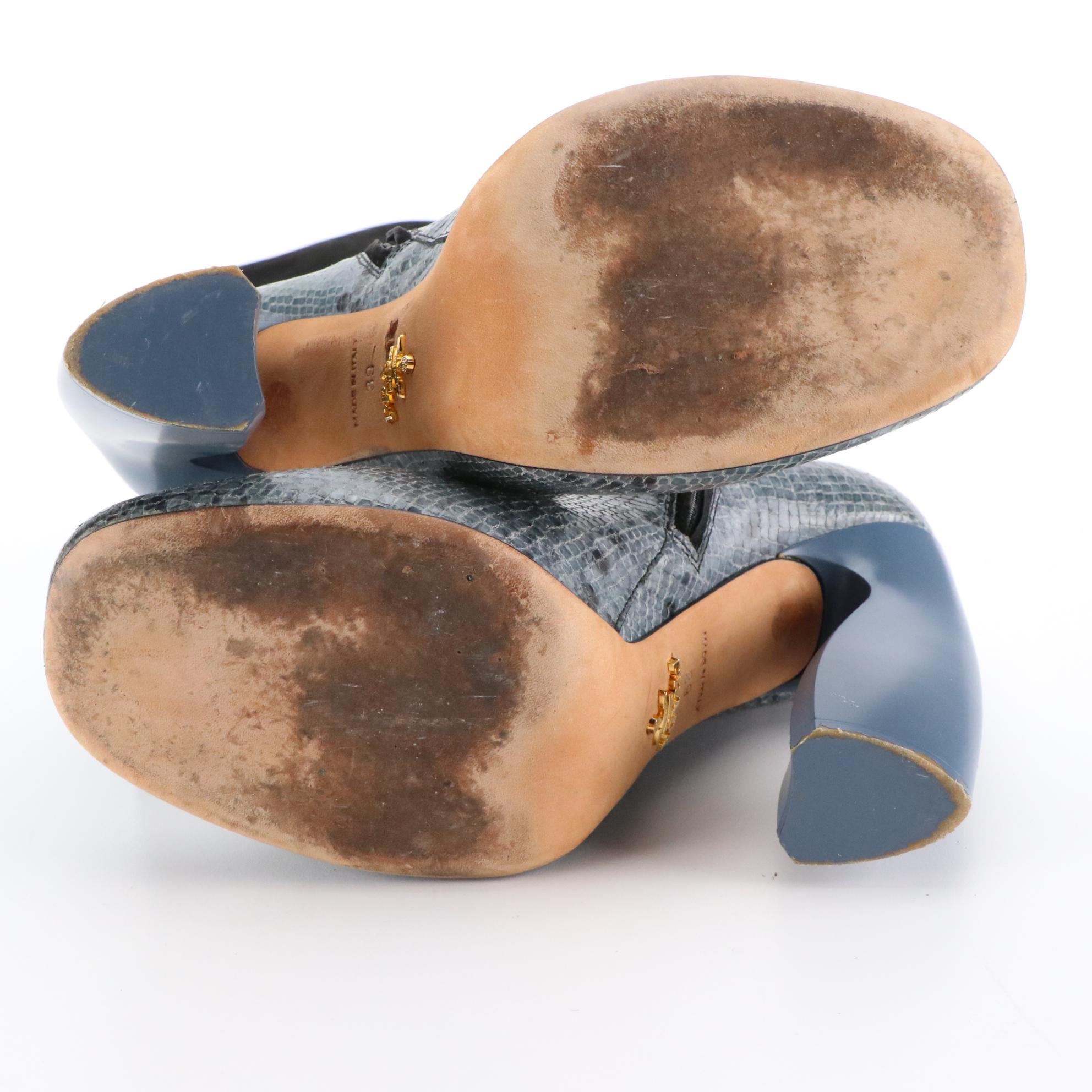 Prada Black Suede Knee-High Boots With Blue Python Trim