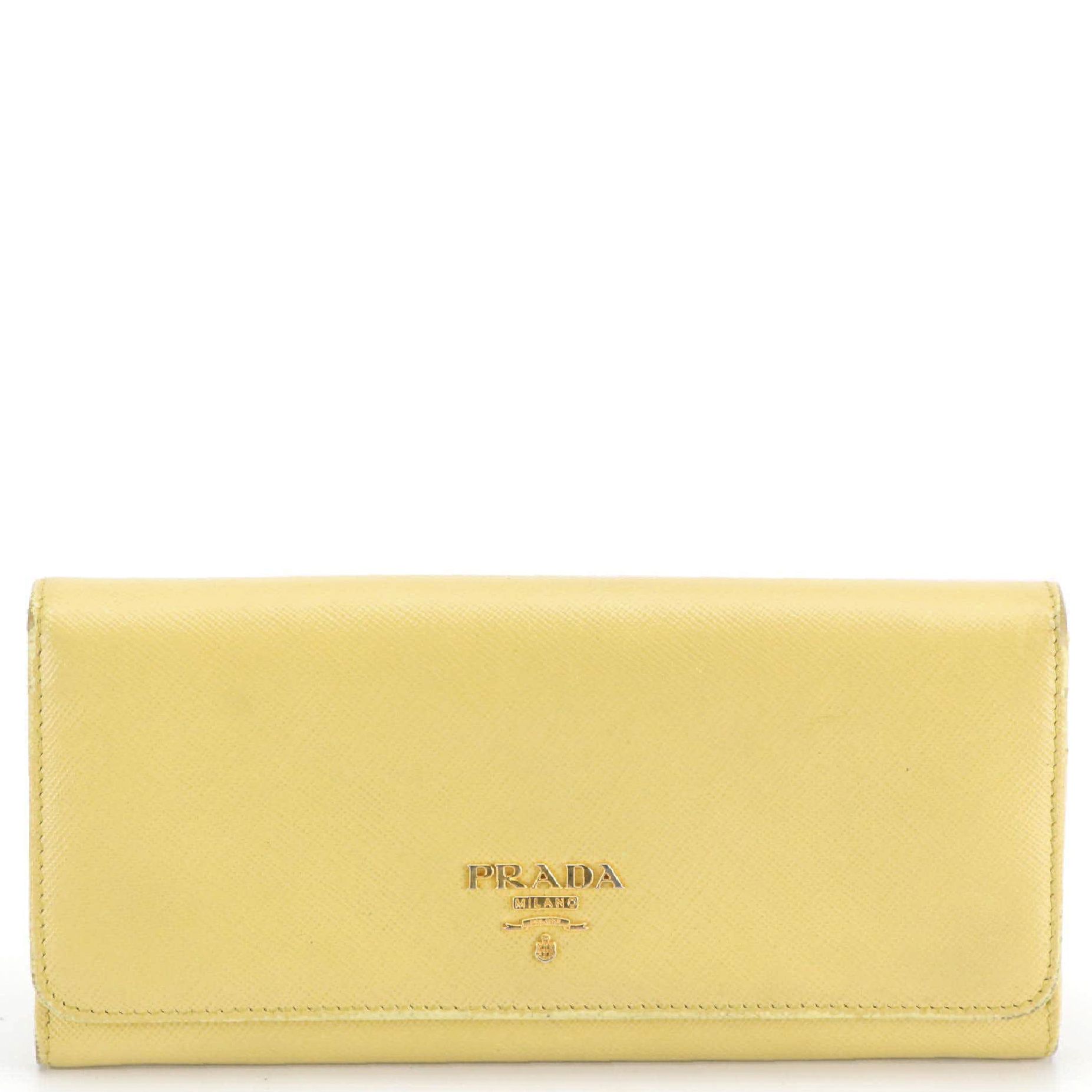 Prada Bifold Long Wallet in Muted Yellow Saffiano Leather