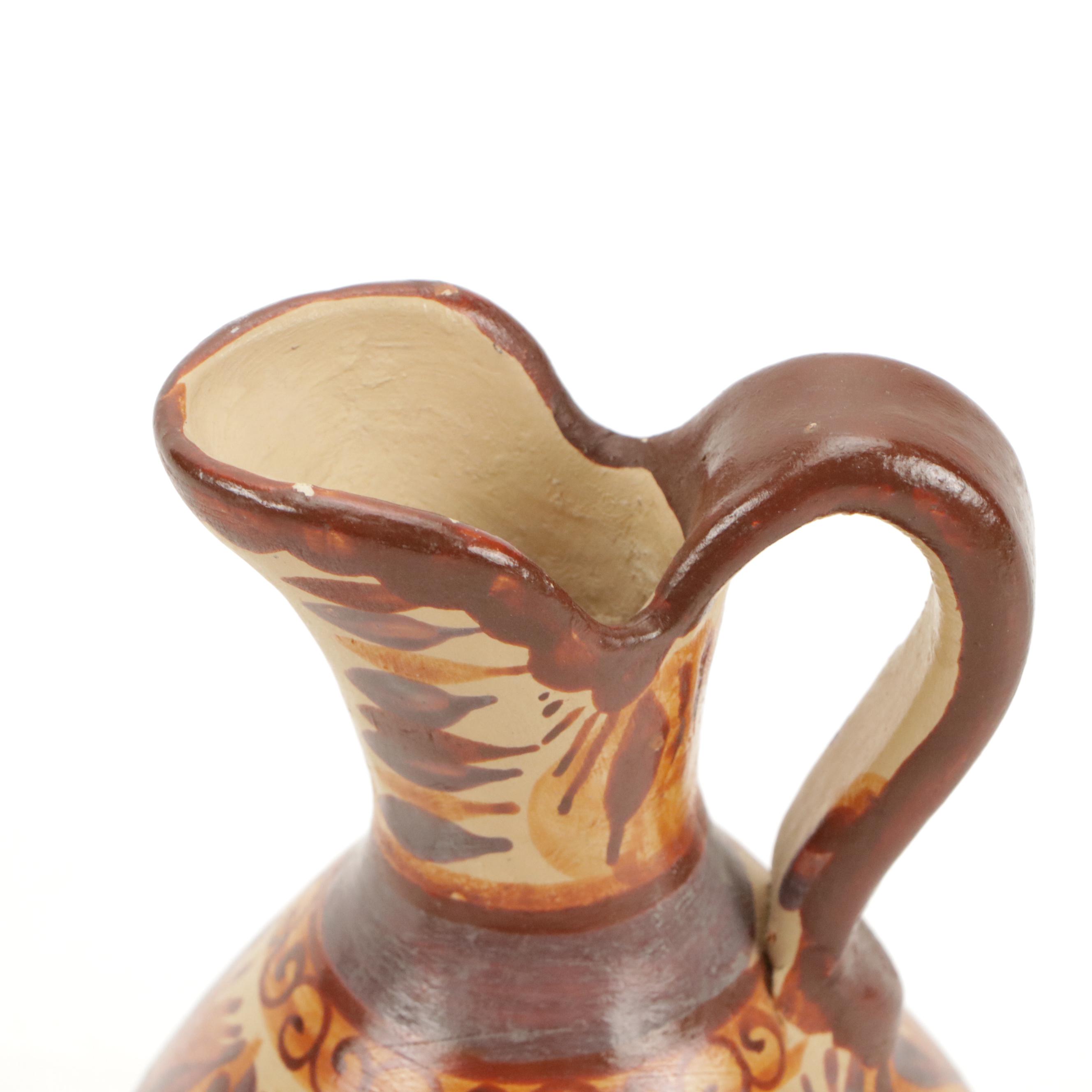 Mexican Folk Art Tonala Pottery Earthenware Vase and Pitcher