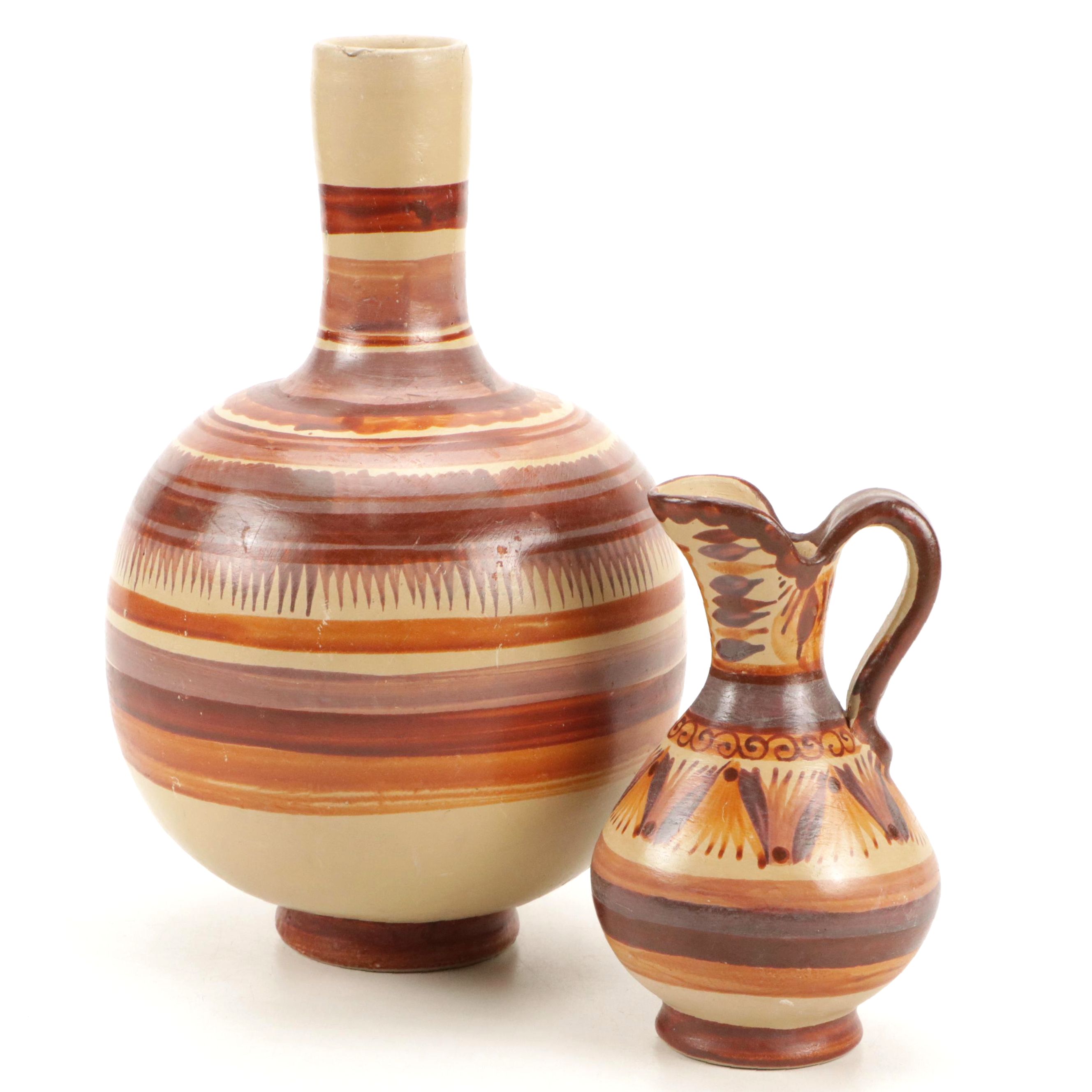 Mexican Folk Art Tonala Pottery Earthenware Vase and Pitcher
