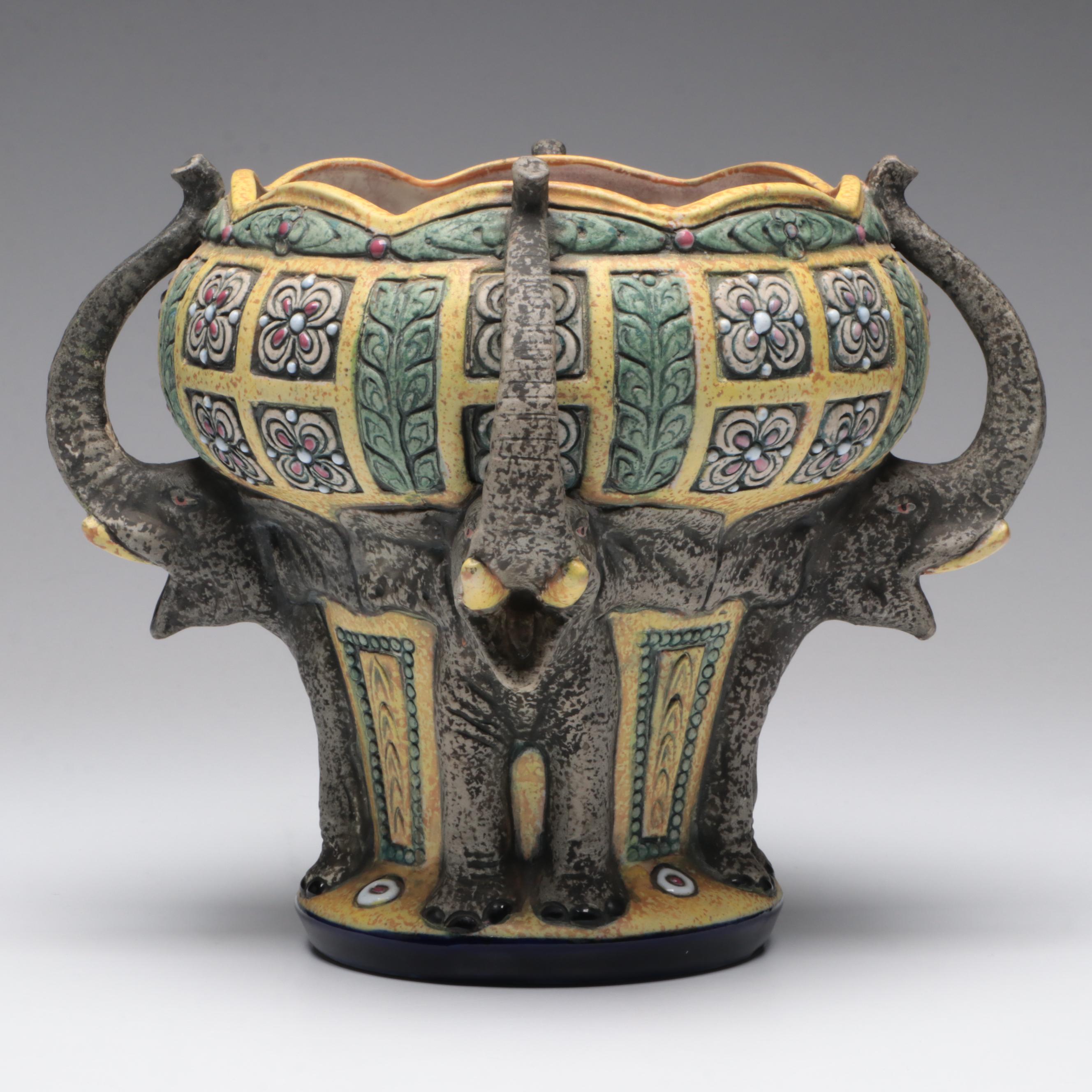 Czech Amphora Art Nouveau Enamel-Decorated Vase with Elephant Motif, Circa 1900