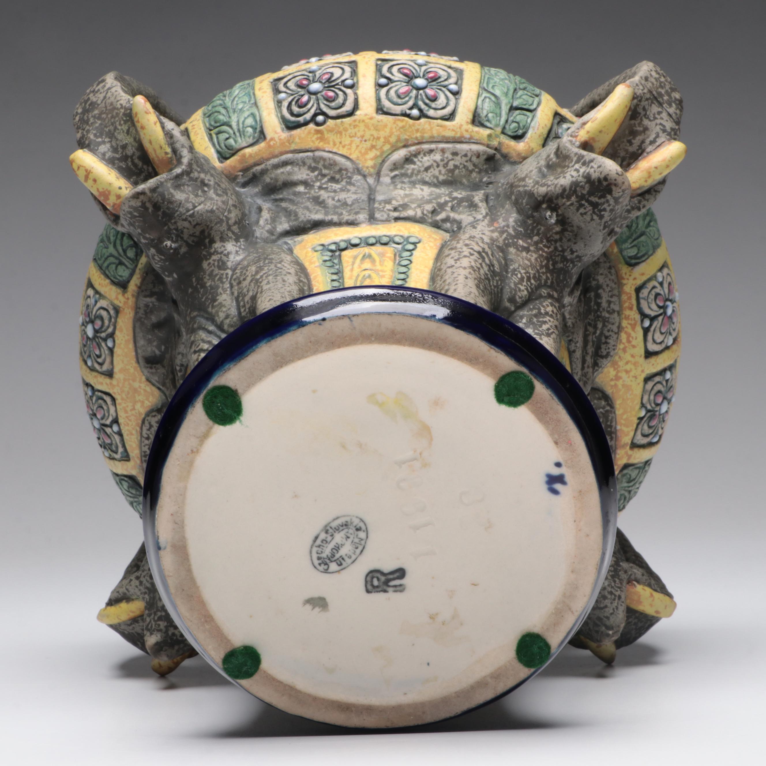 Czech Amphora Art Nouveau Enamel-Decorated Vase with Elephant Motif, Circa 1900
