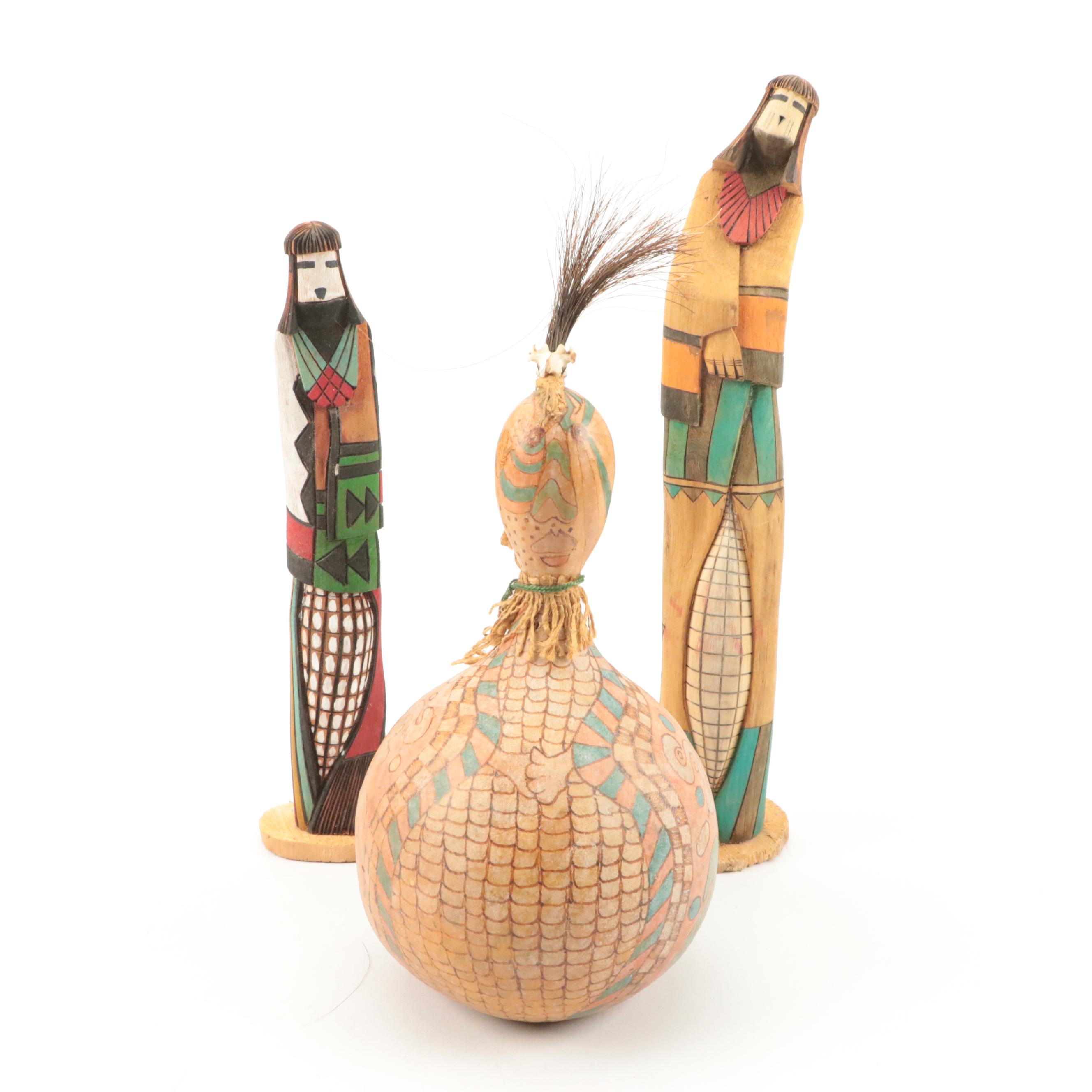 White Corn Kachinas with Carved and Painted Gourd