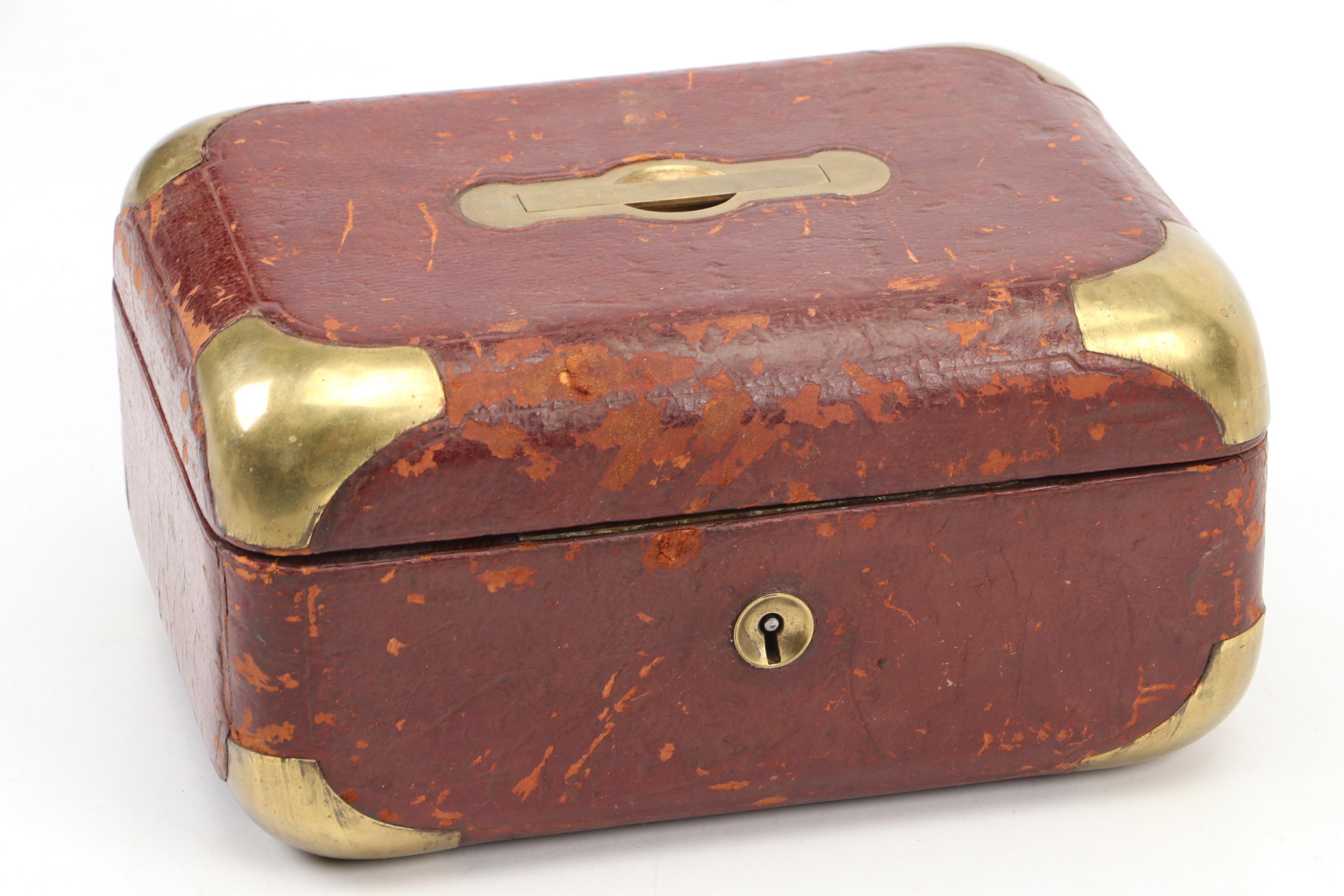 European Leather Covered Jewelry Box with Corner Covers and Handle, Late 19th C.