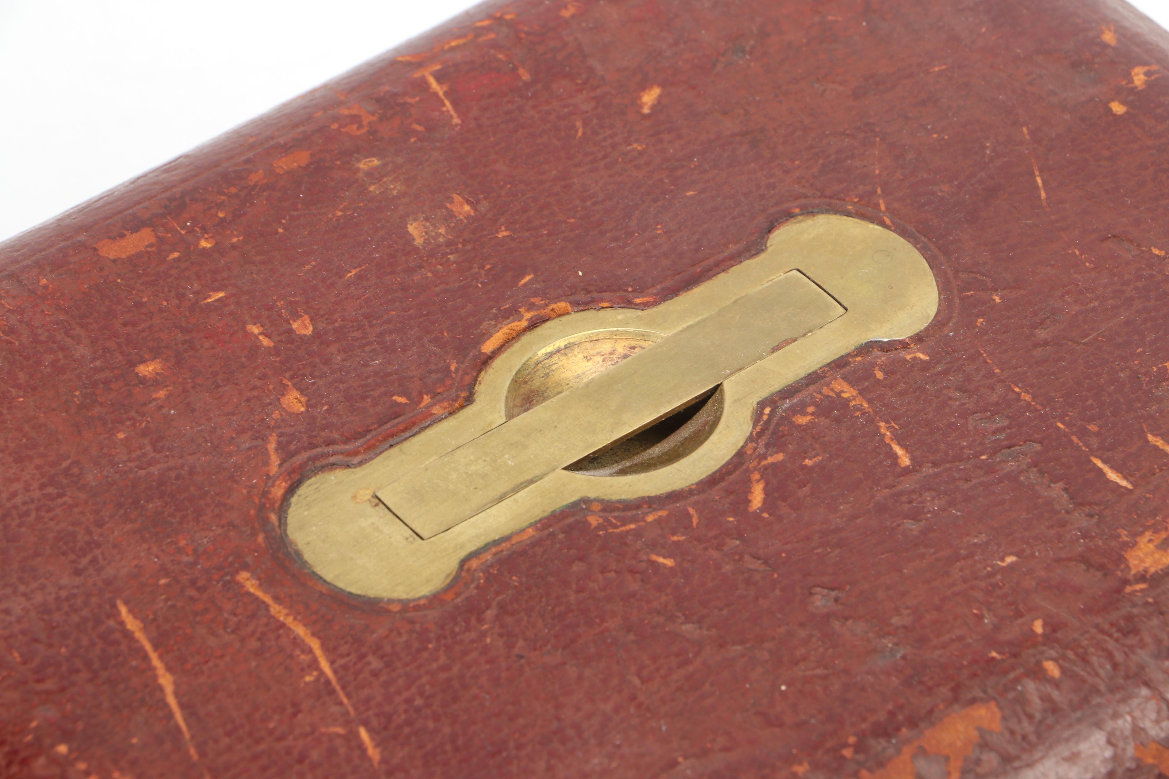 European Leather Covered Jewelry Box with Corner Covers and Handle, Late 19th C.