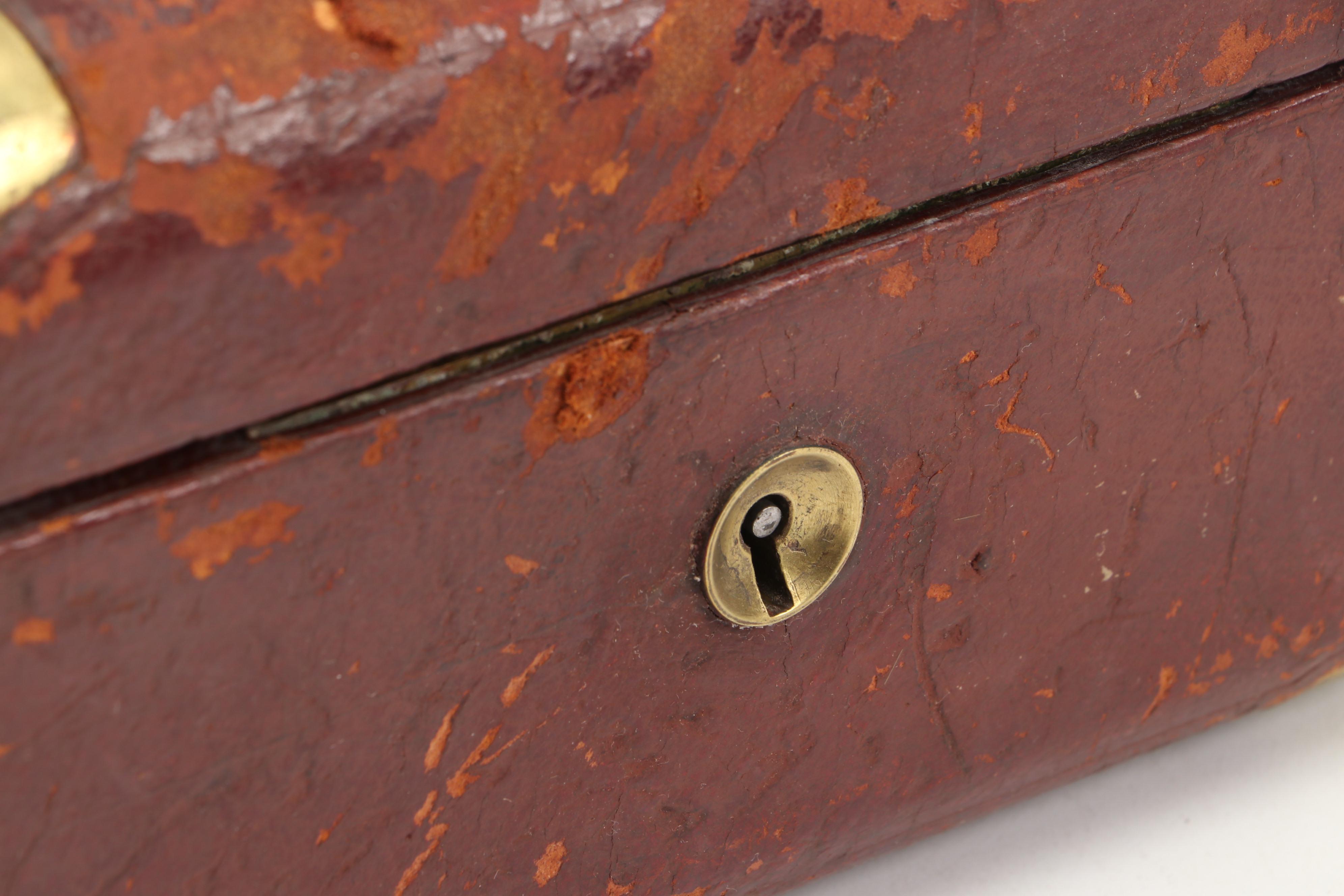 European Leather Covered Jewelry Box with Corner Covers and Handle, Late 19th C.