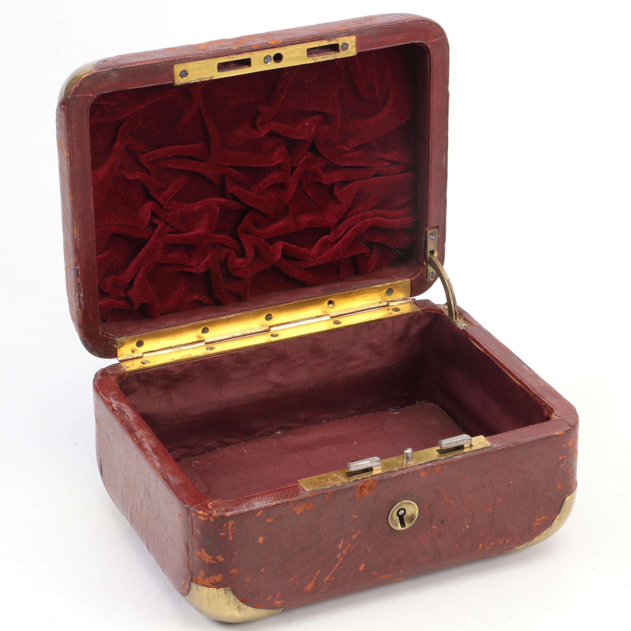 European Leather Covered Jewelry Box with Corner Covers and Handle, Late 19th C.