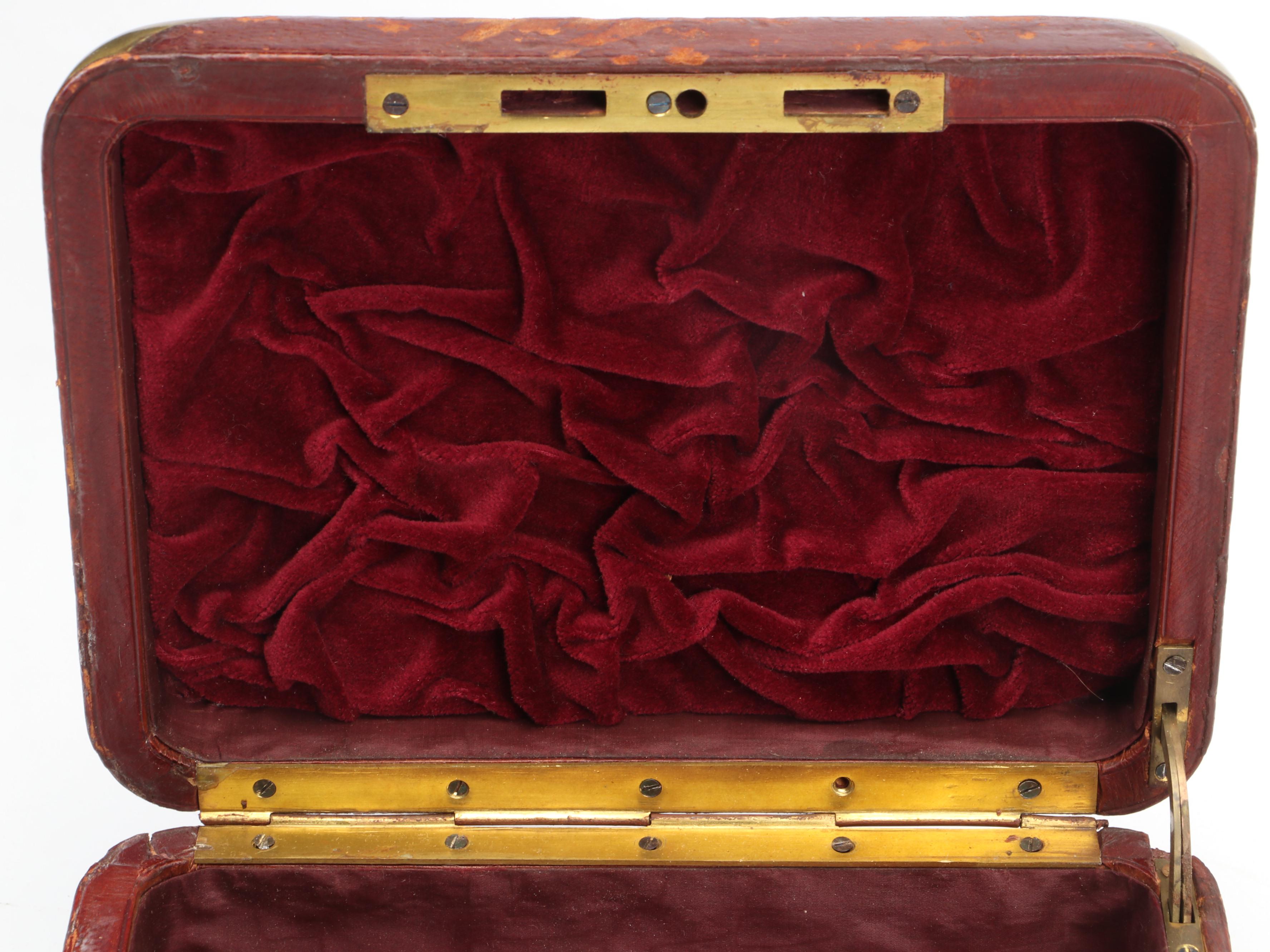 European Leather Covered Jewelry Box with Corner Covers and Handle, Late 19th C.