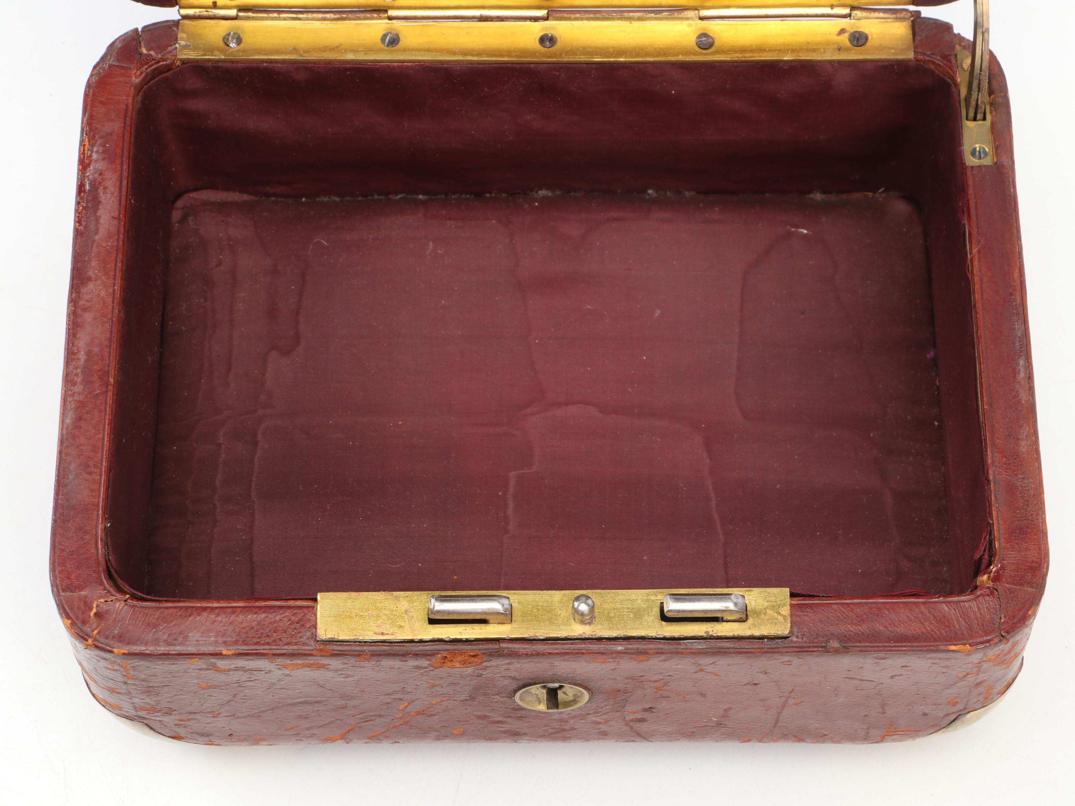 European Leather Covered Jewelry Box with Corner Covers and Handle, Late 19th C.