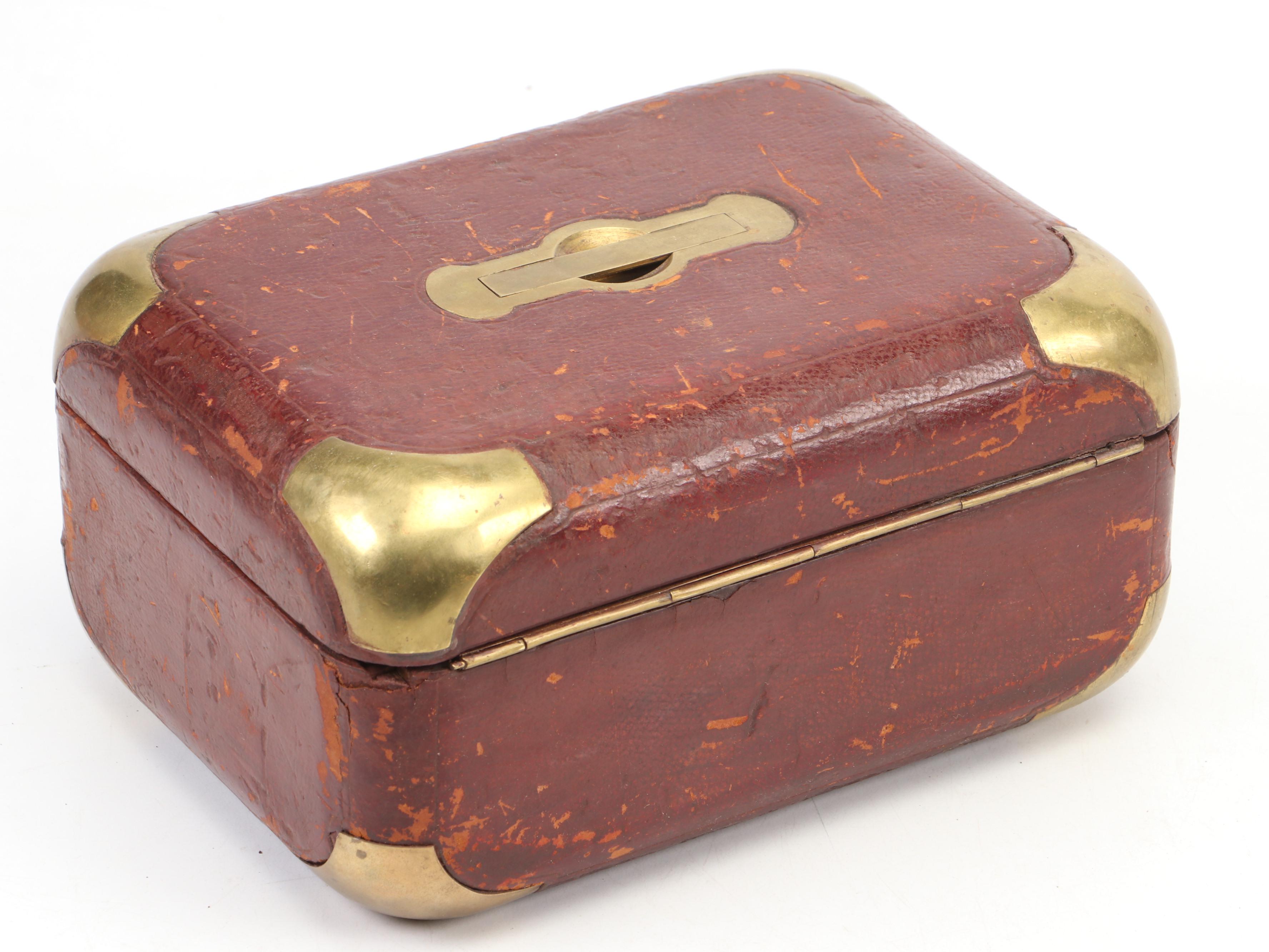 European Leather Covered Jewelry Box with Corner Covers and Handle, Late 19th C.