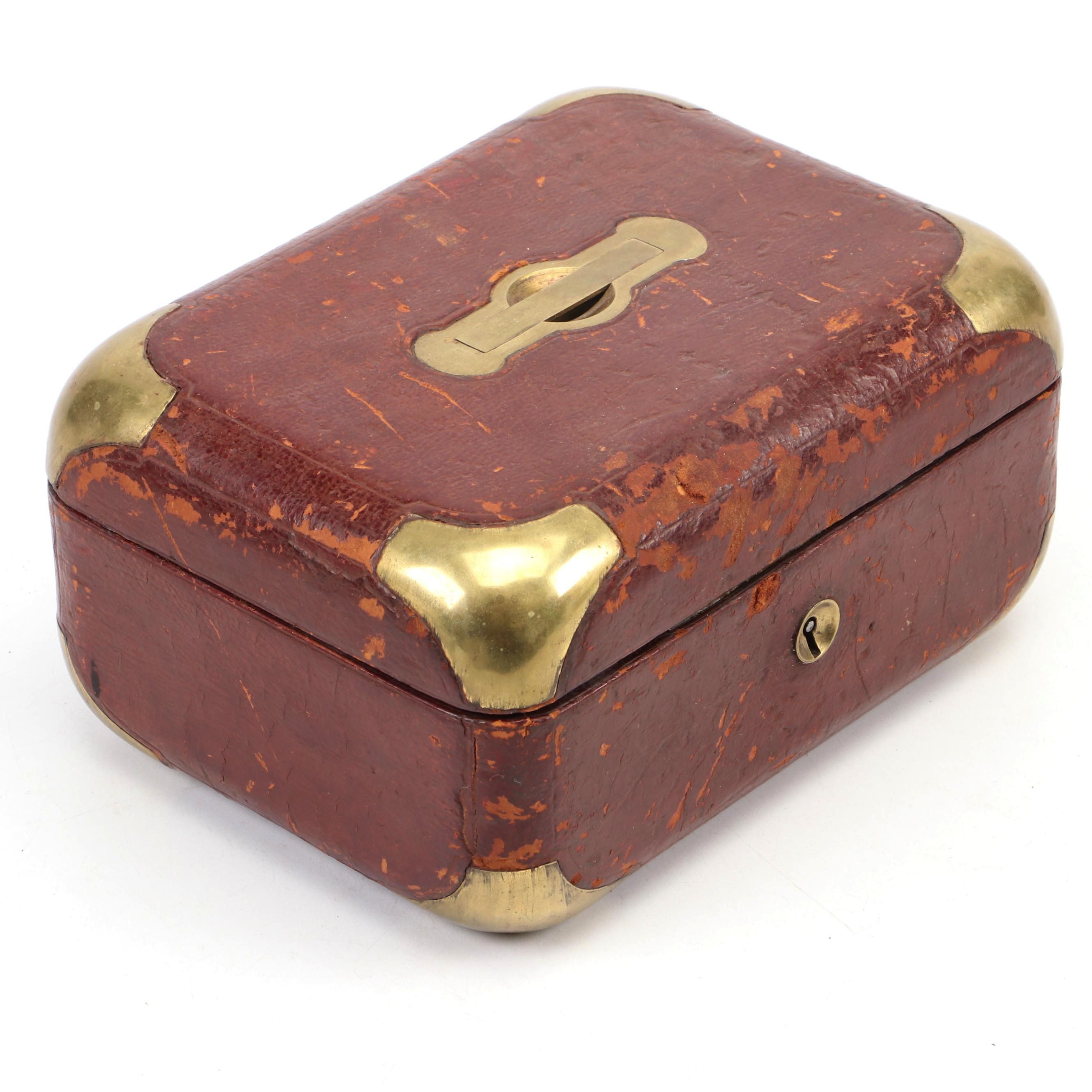 European Leather Covered Jewelry Box with Corner Covers and Handle, Late 19th C.