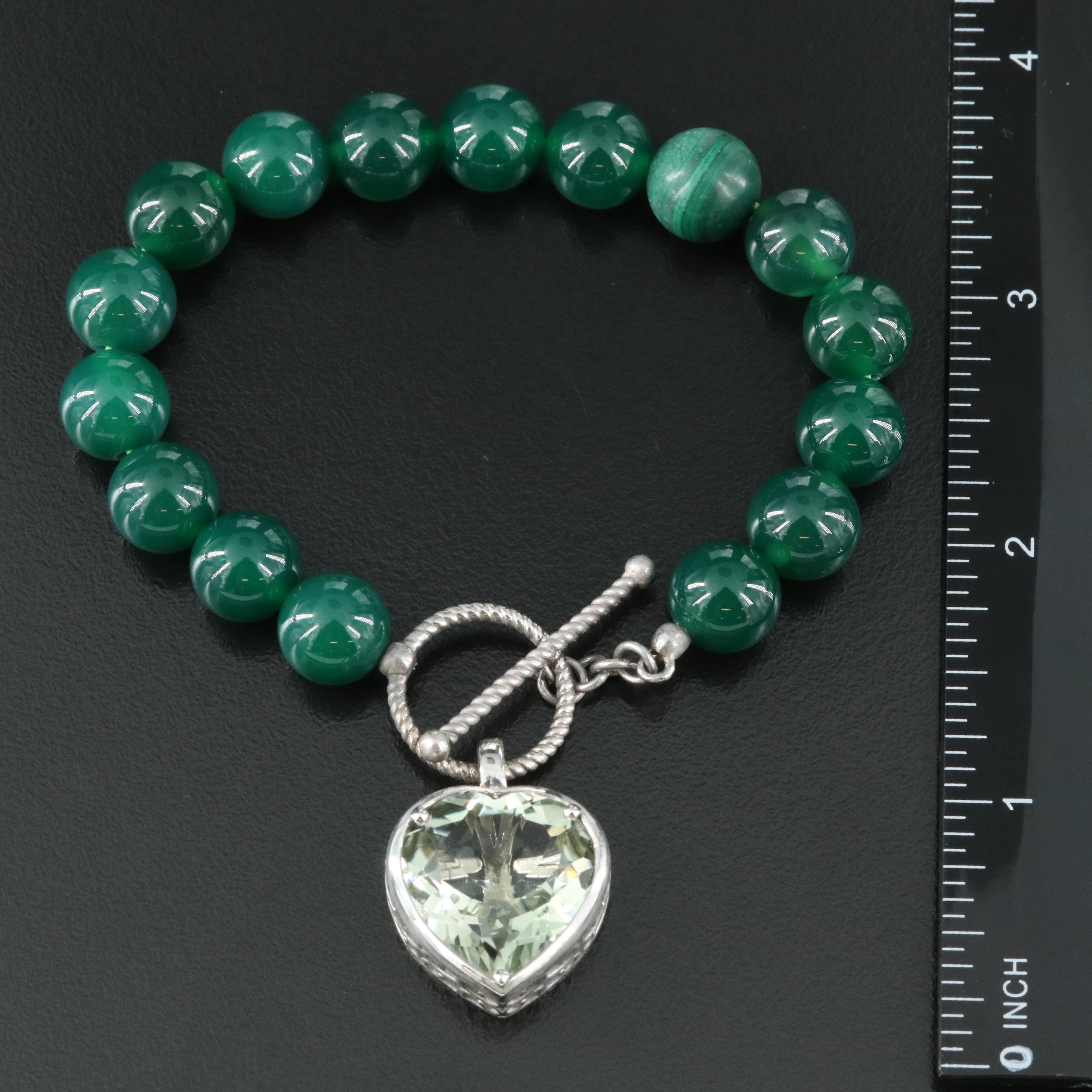 Sterling Chalcedony, Malachite, and Prasiolite Heart Charm Bracelet