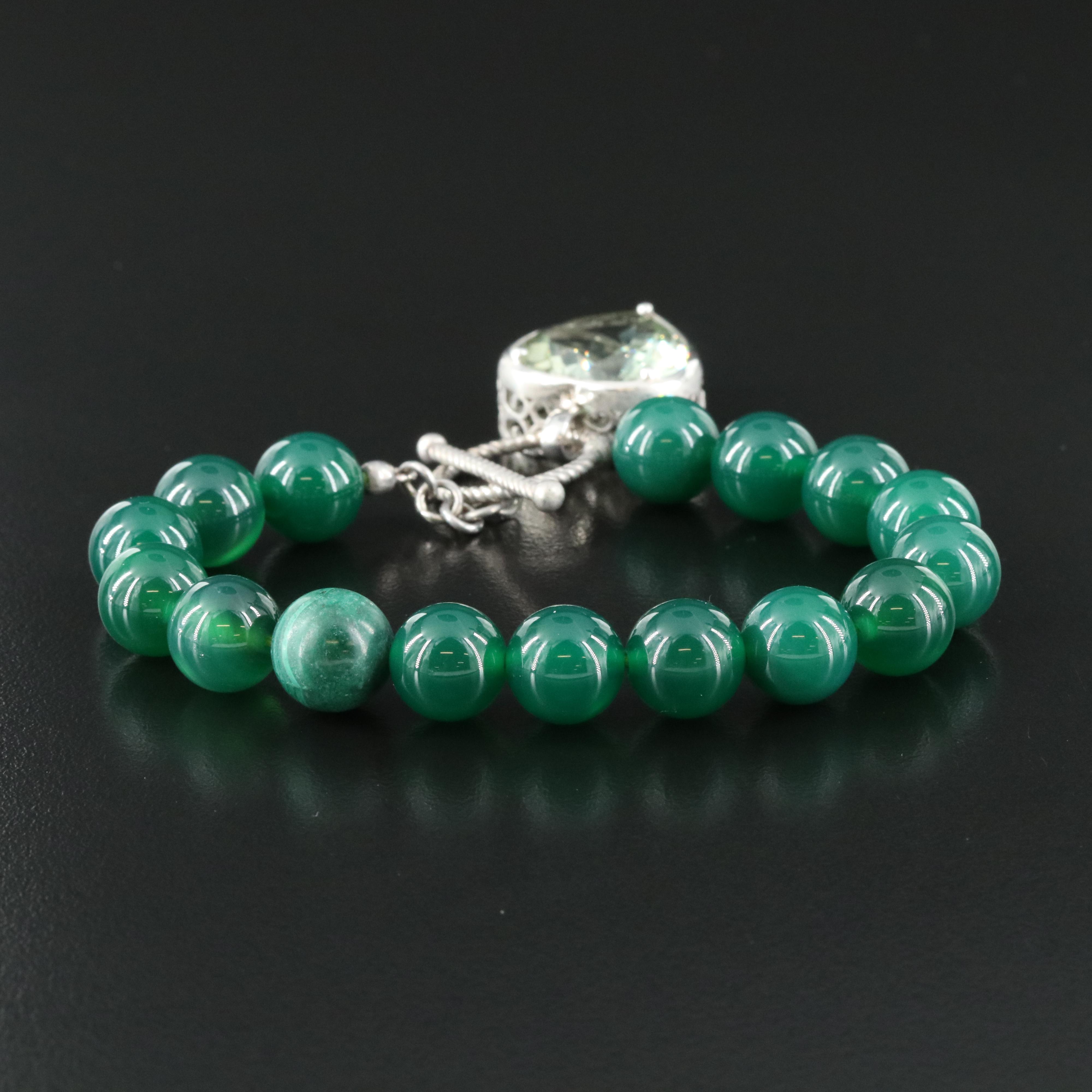 Sterling Chalcedony, Malachite, and Prasiolite Heart Charm Bracelet