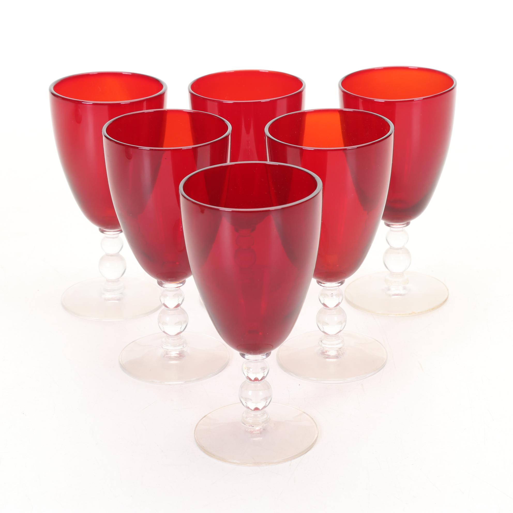 Bohemian Glass Ruby Flash and Hand Painted Vases With Ruby Bead-Stem Cordials