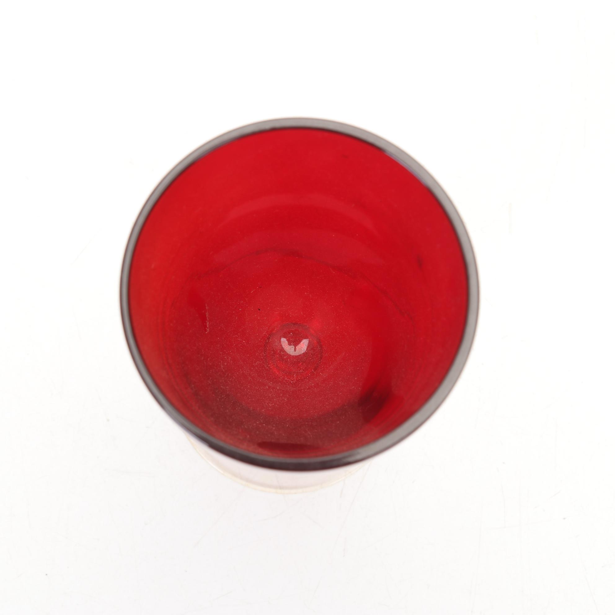 Bohemian Glass Ruby Flash and Hand Painted Vases With Ruby Bead-Stem Cordials