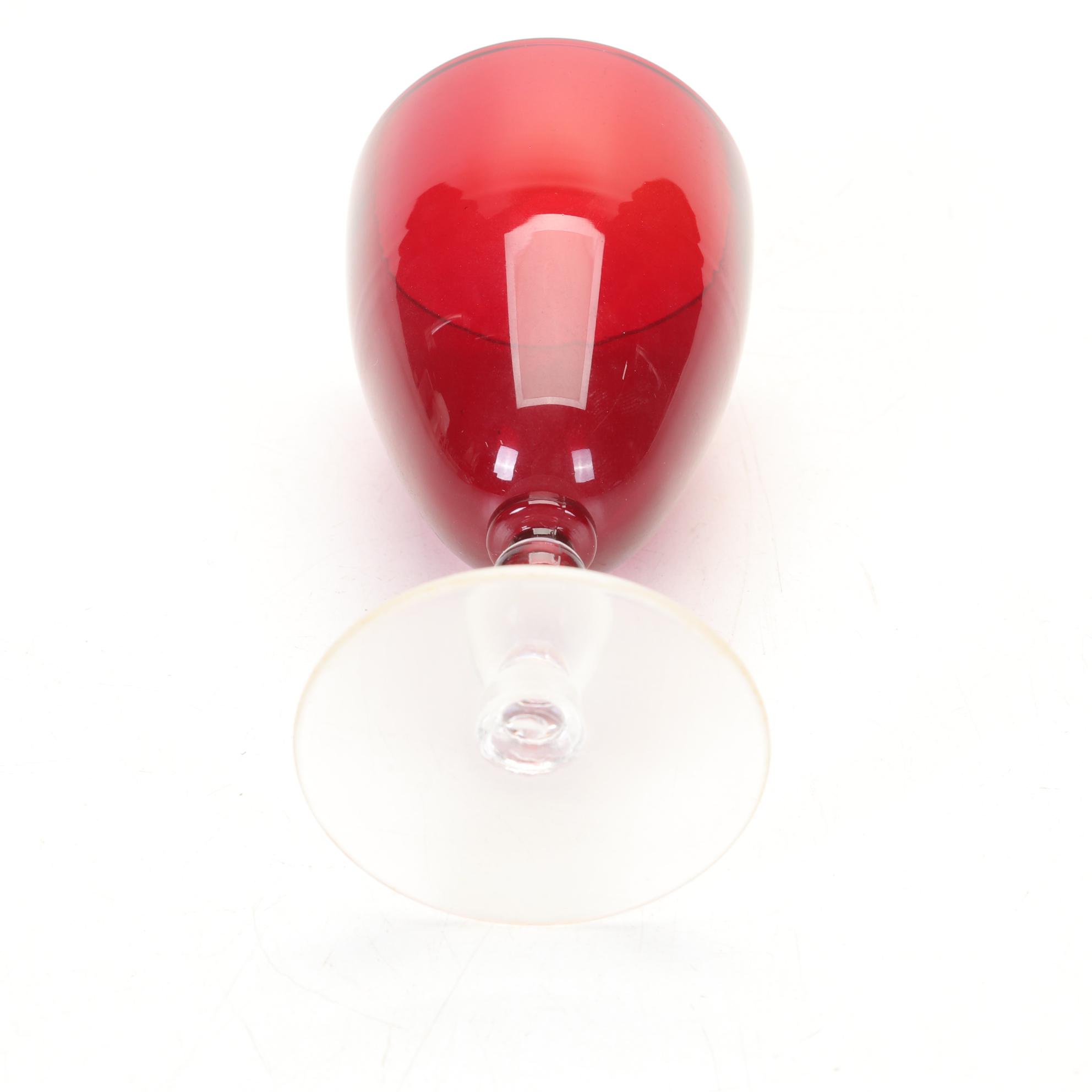 Bohemian Glass Ruby Flash and Hand Painted Vases With Ruby Bead-Stem Cordials