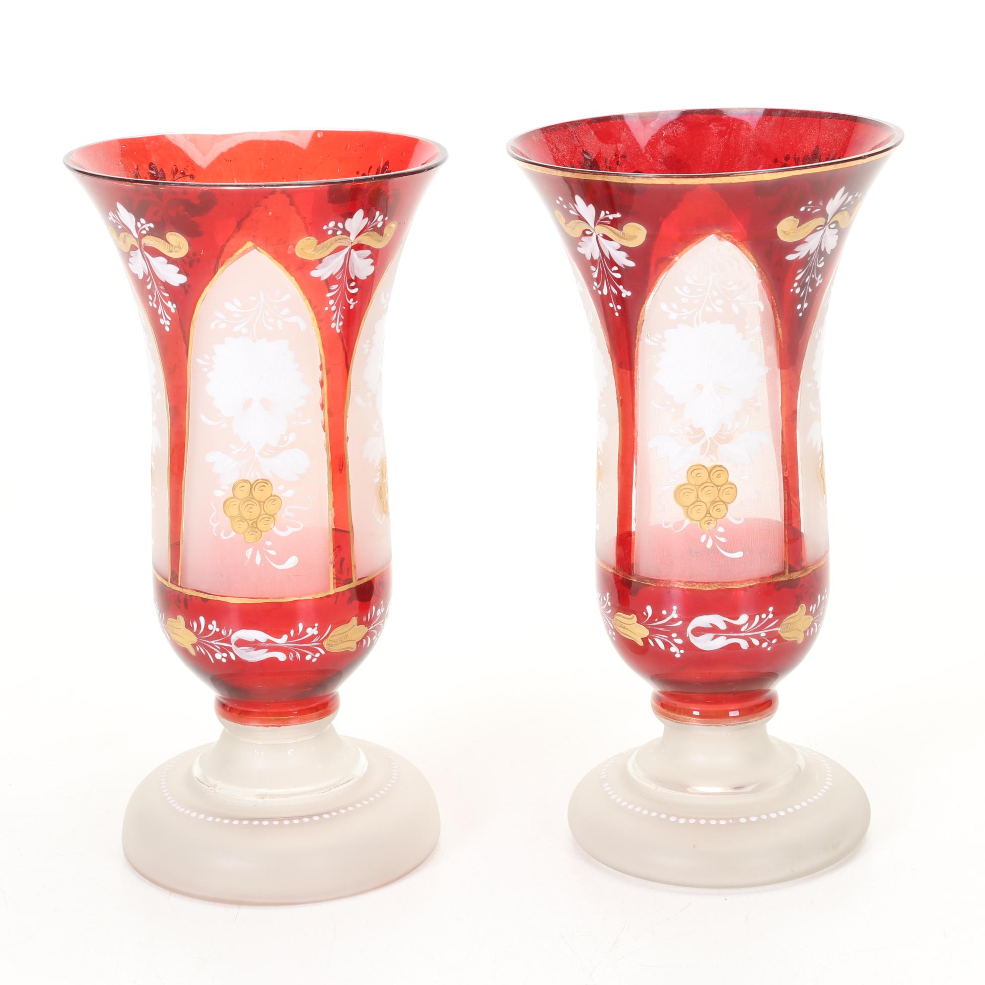 Bohemian Glass Ruby Flash and Hand Painted Vases With Ruby Bead-Stem Cordials