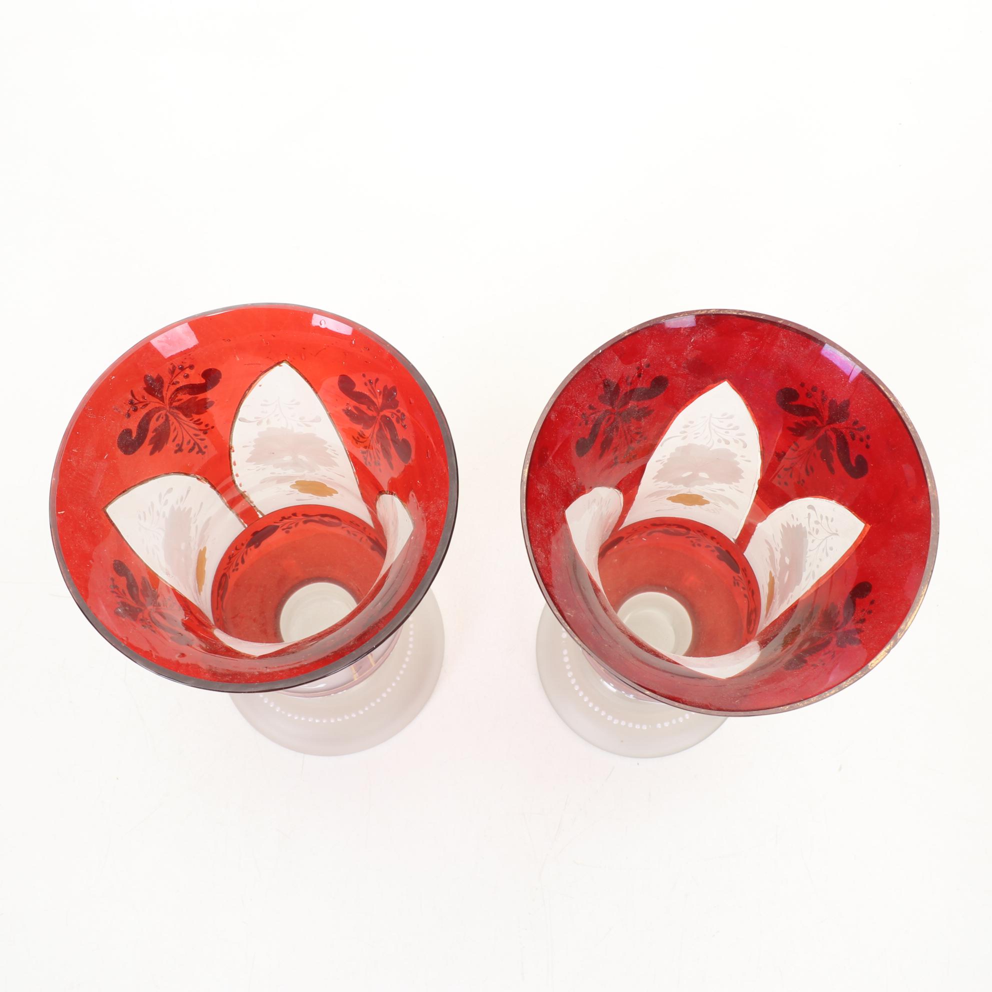 Bohemian Glass Ruby Flash and Hand Painted Vases With Ruby Bead-Stem Cordials