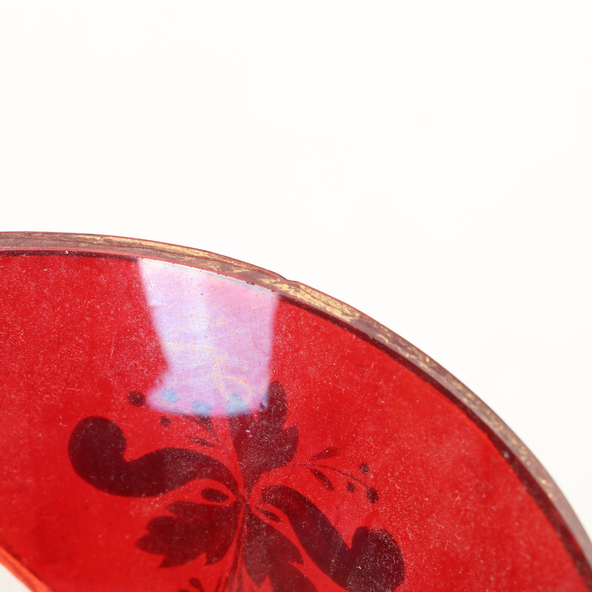 Bohemian Glass Ruby Flash and Hand Painted Vases With Ruby Bead-Stem Cordials