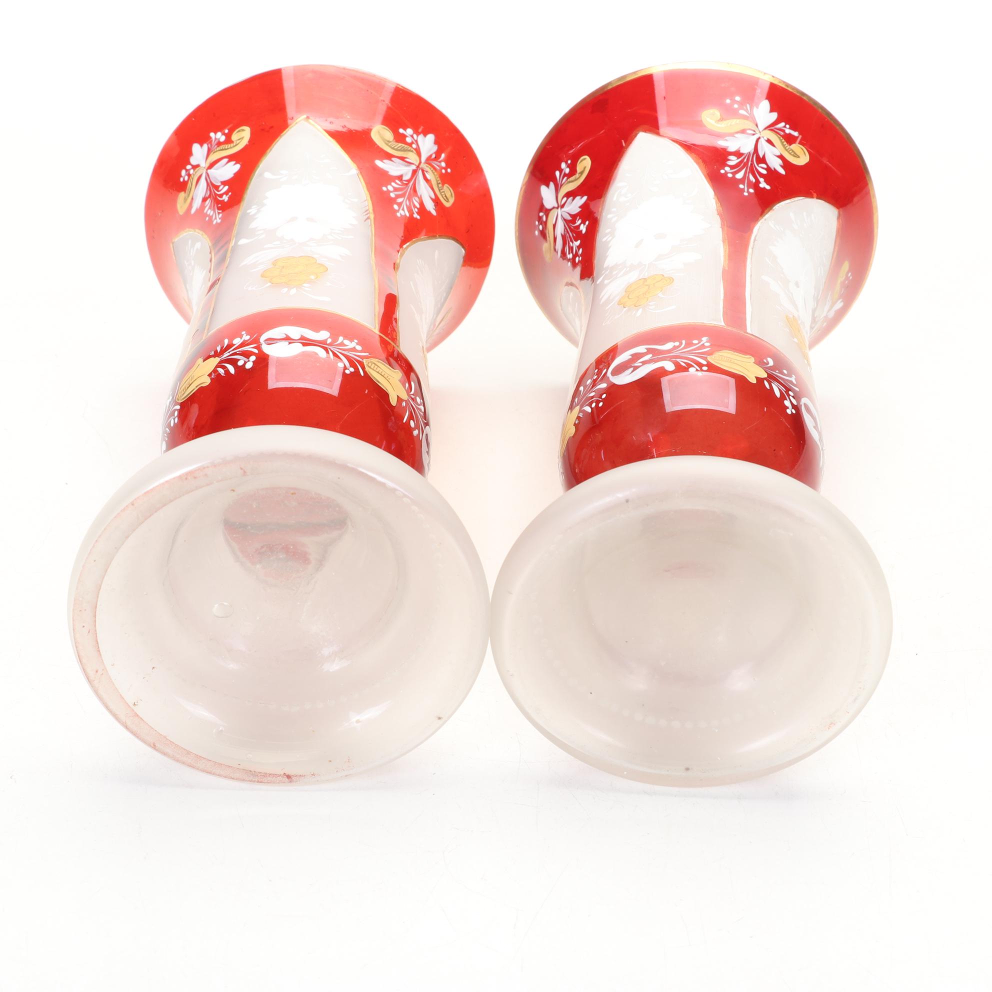 Bohemian Glass Ruby Flash and Hand Painted Vases With Ruby Bead-Stem Cordials