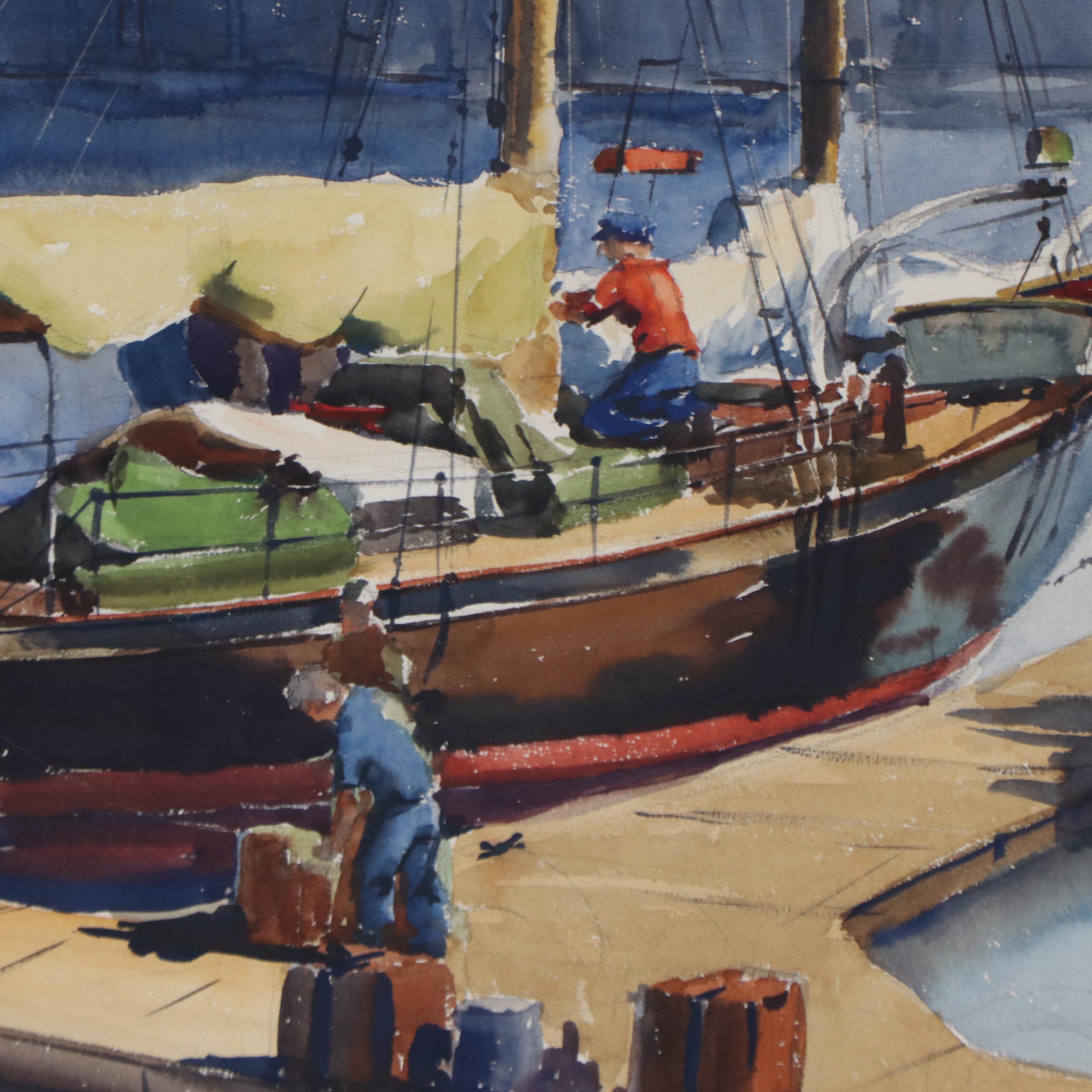 Harbor Scene Watercolor Painting, Circa 1950