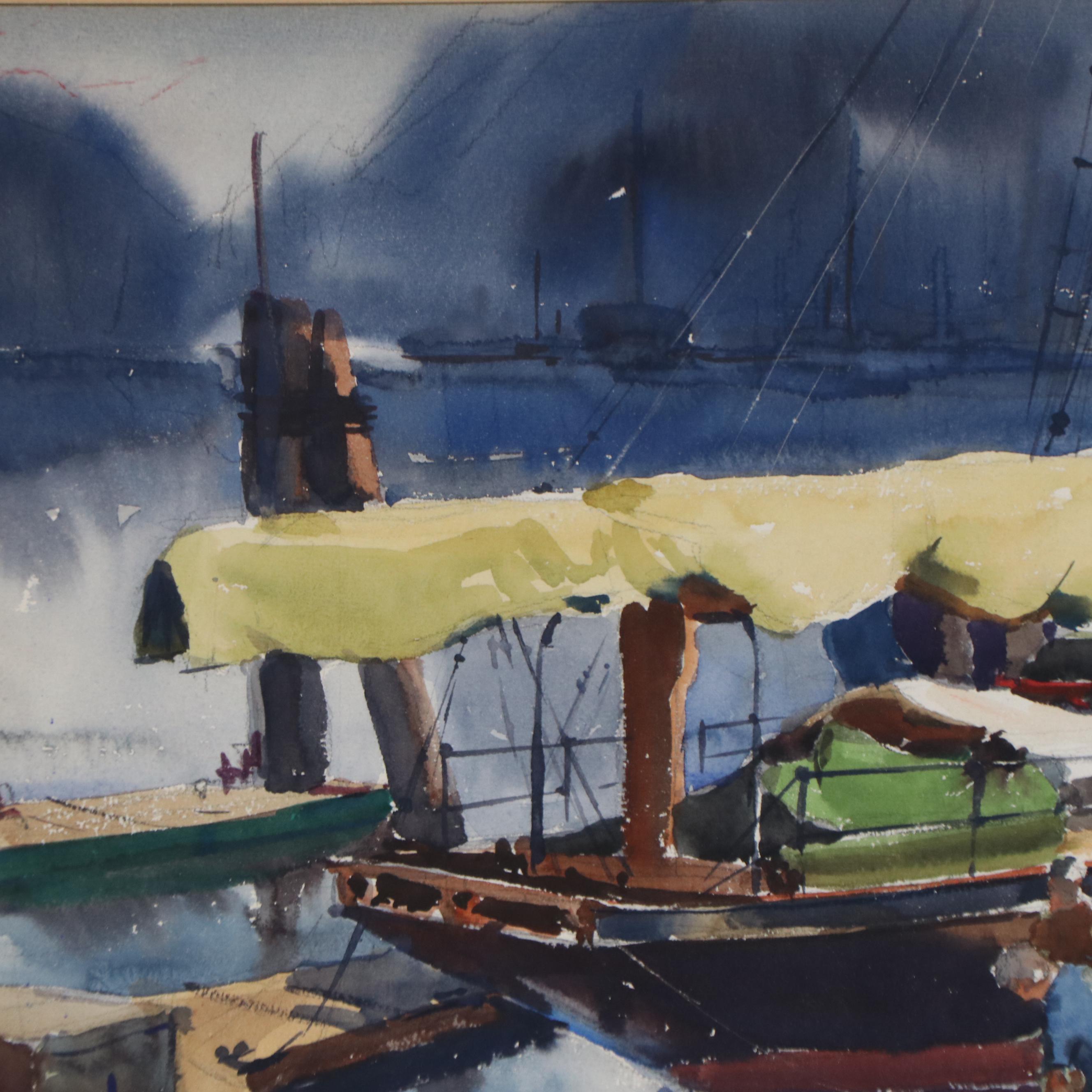 Harbor Scene Watercolor Painting, Circa 1950