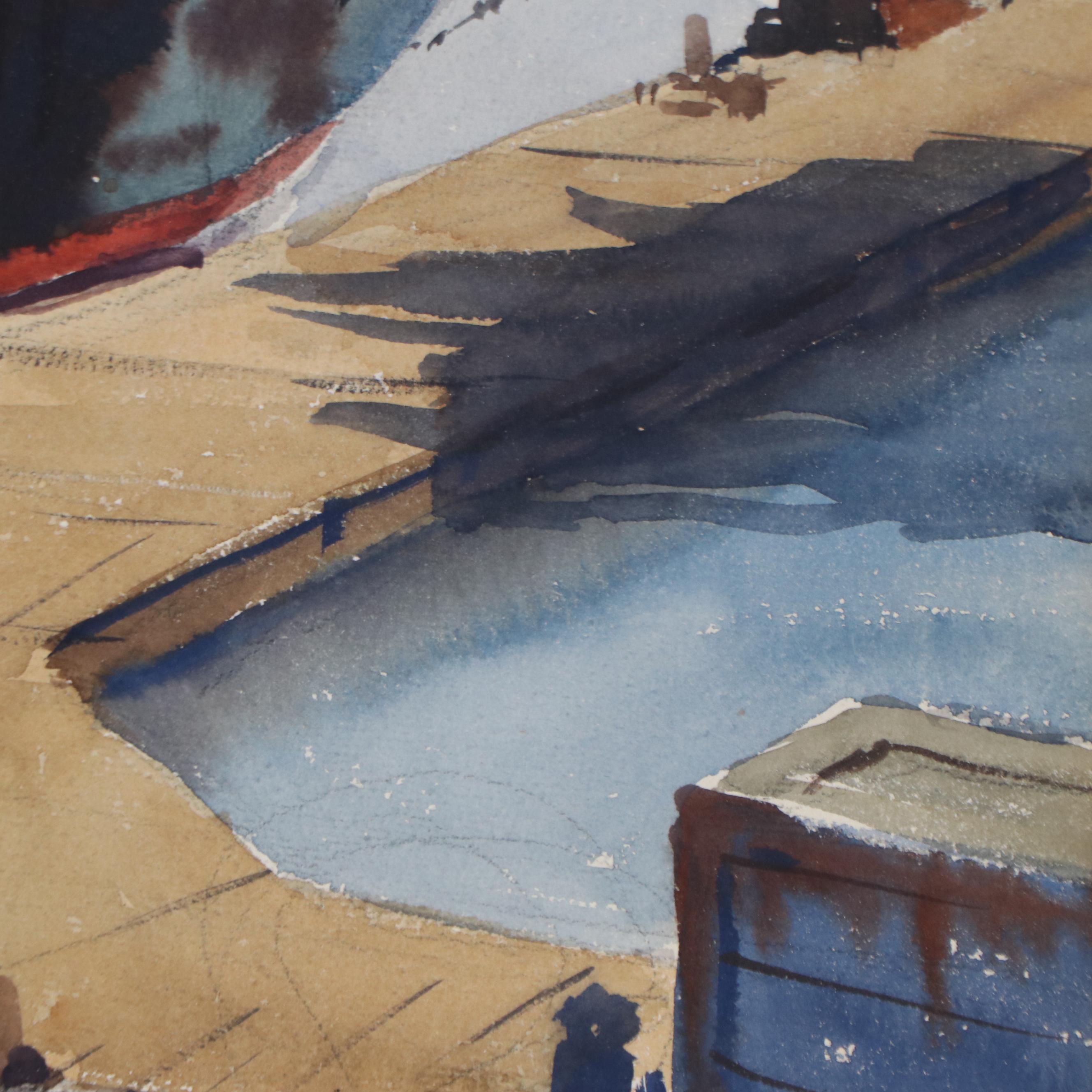 Harbor Scene Watercolor Painting, Circa 1950