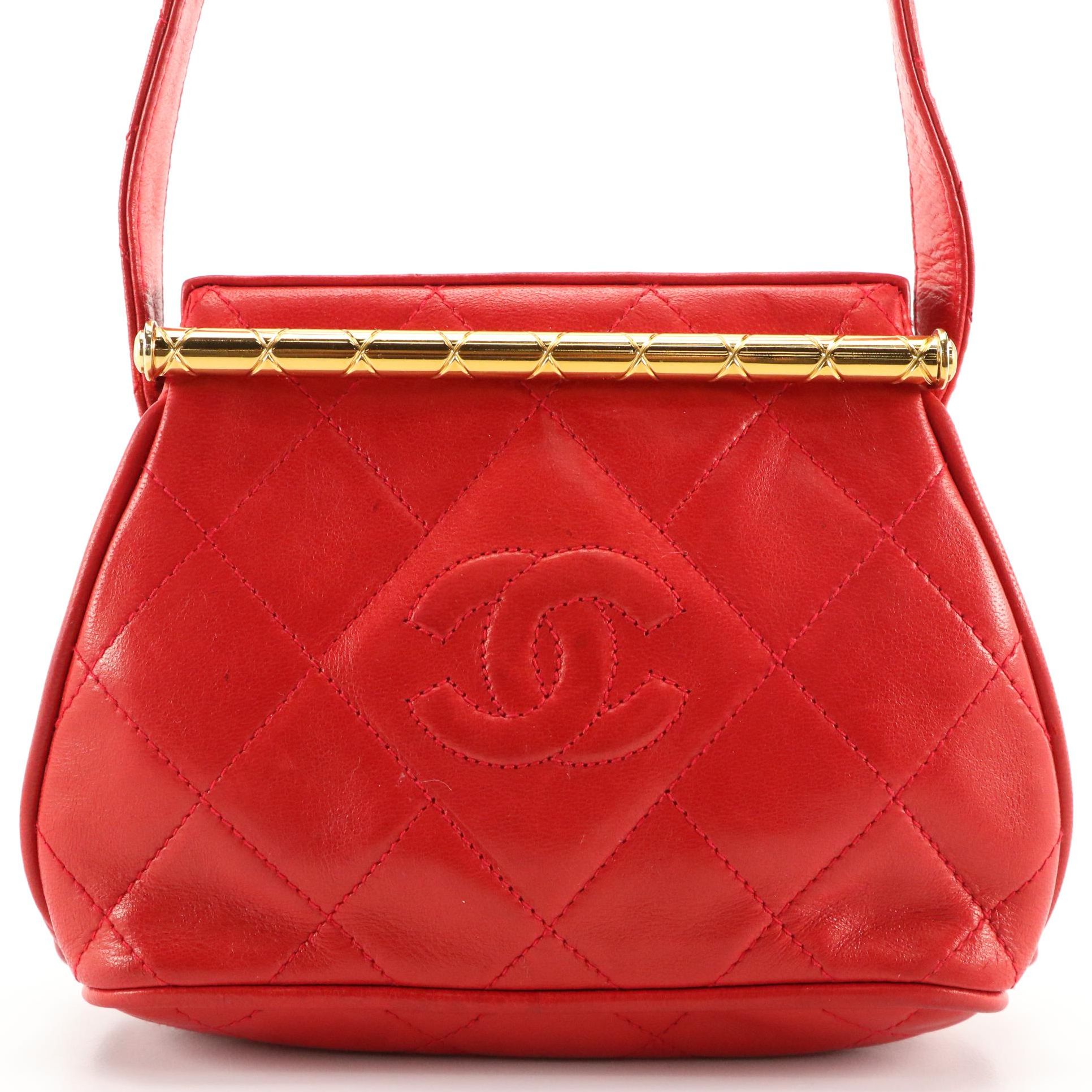 Chanel CC Red Quilted Lambskin Leather with Metal Handle and Leather Strap