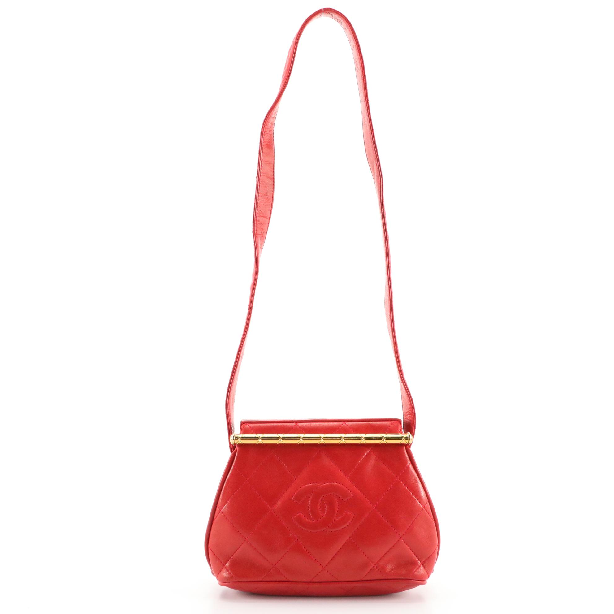Chanel CC Red Quilted Lambskin Leather with Metal Handle and Leather Strap