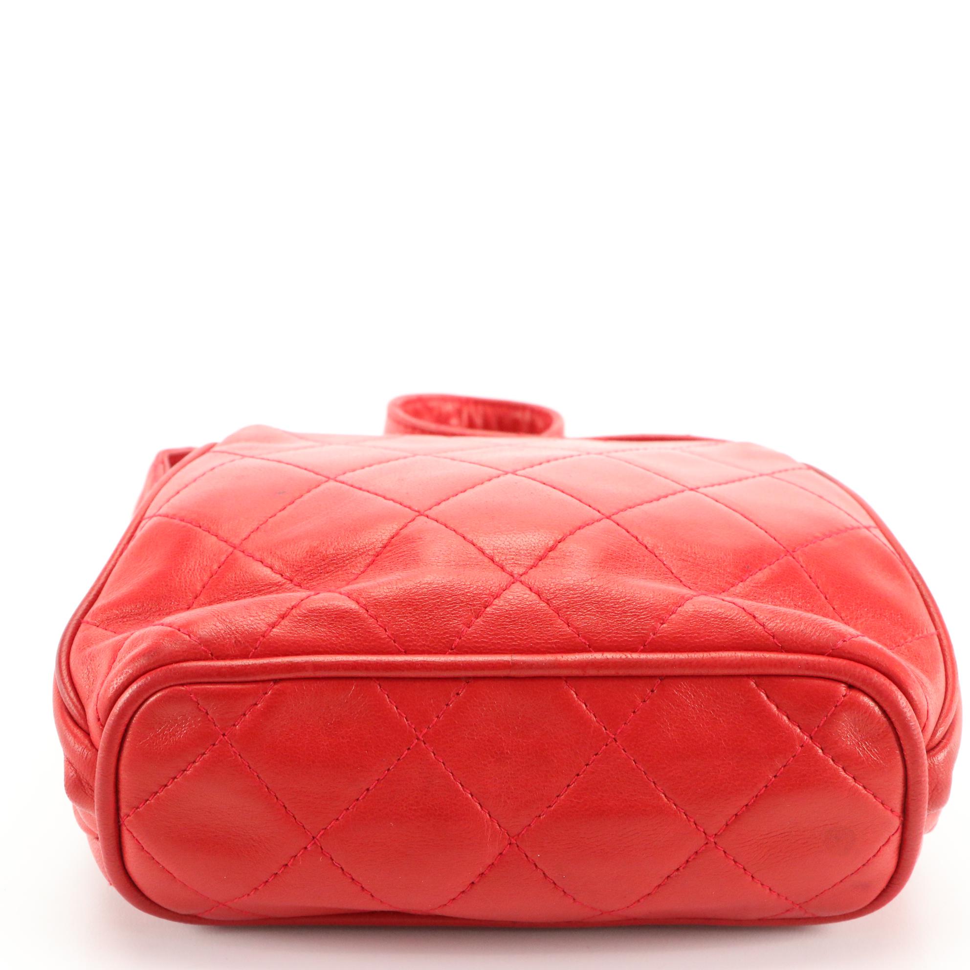 Chanel CC Red Quilted Lambskin Leather with Metal Handle and Leather Strap