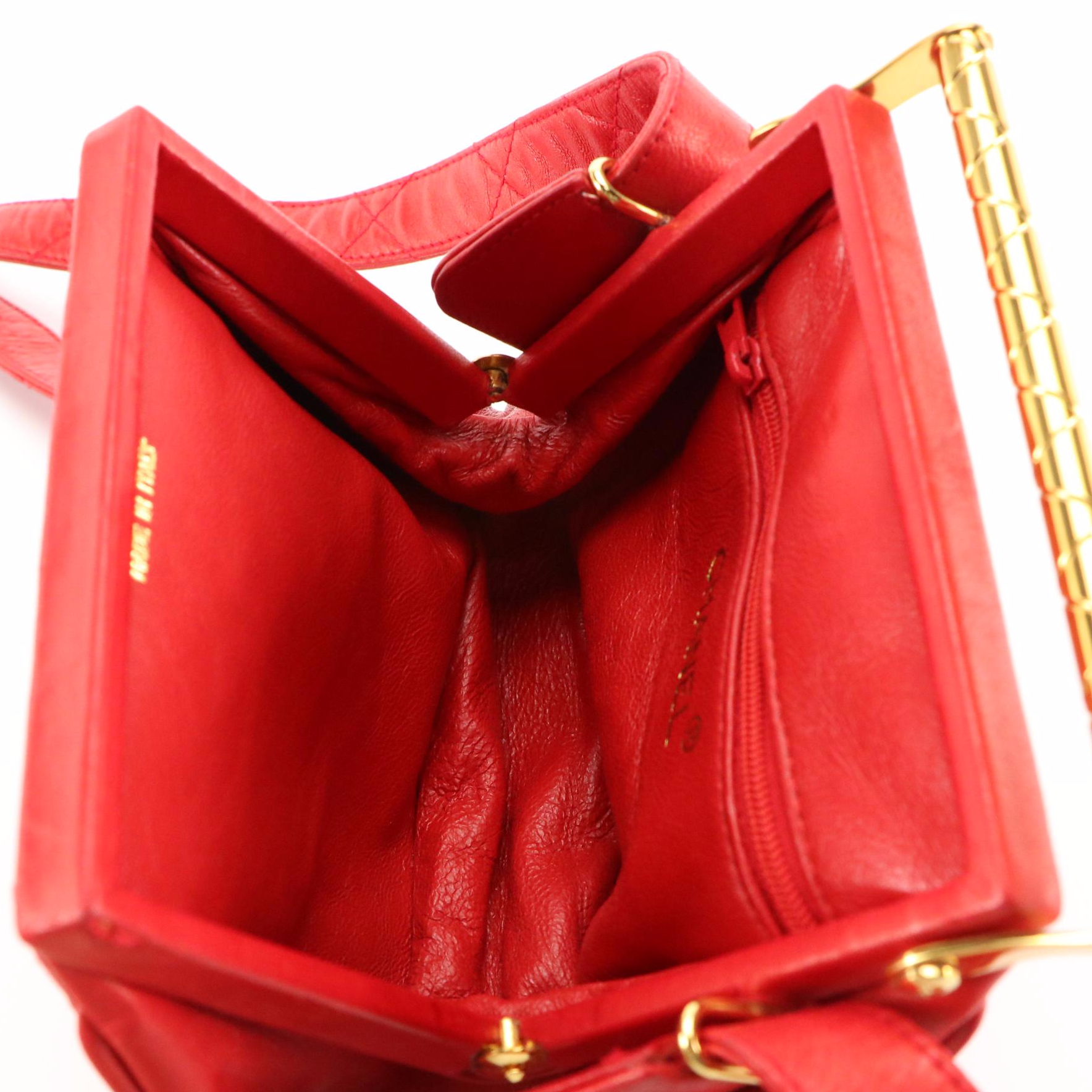 Chanel CC Red Quilted Lambskin Leather with Metal Handle and Leather Strap