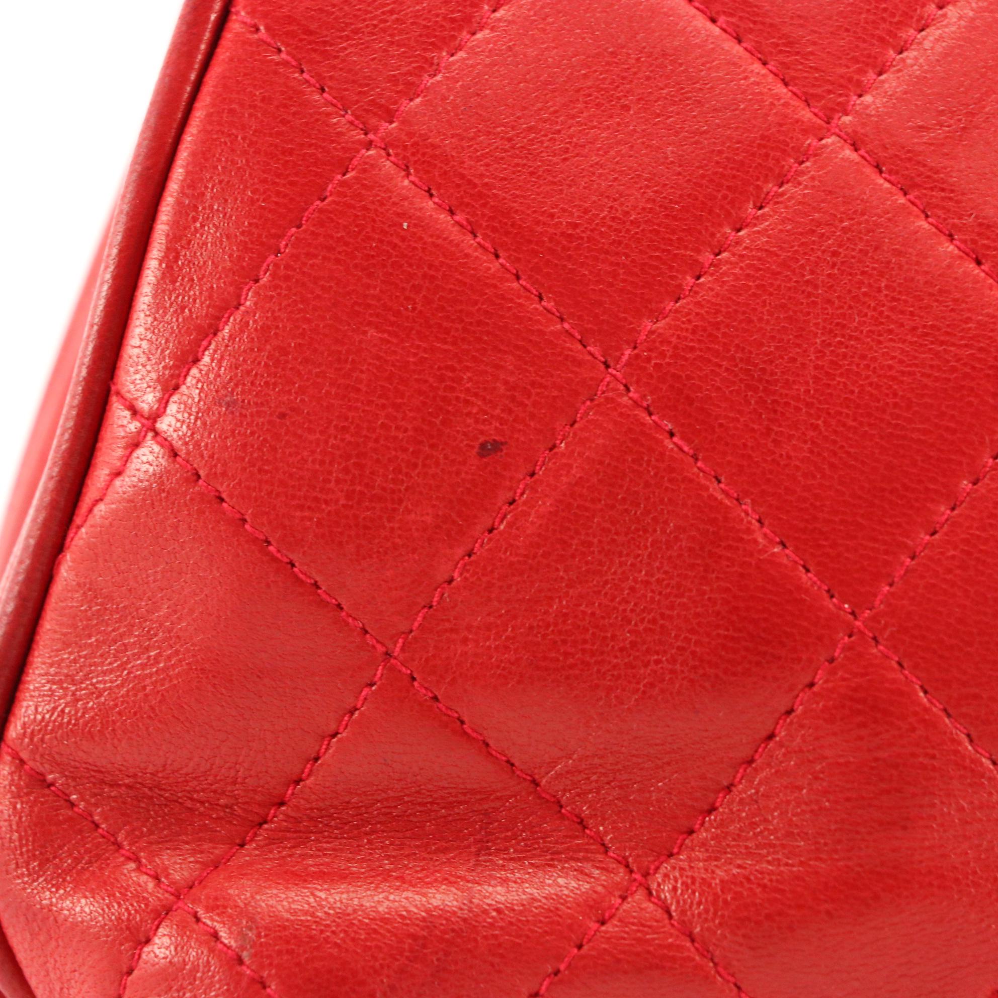 Chanel CC Red Quilted Lambskin Leather with Metal Handle and Leather Strap