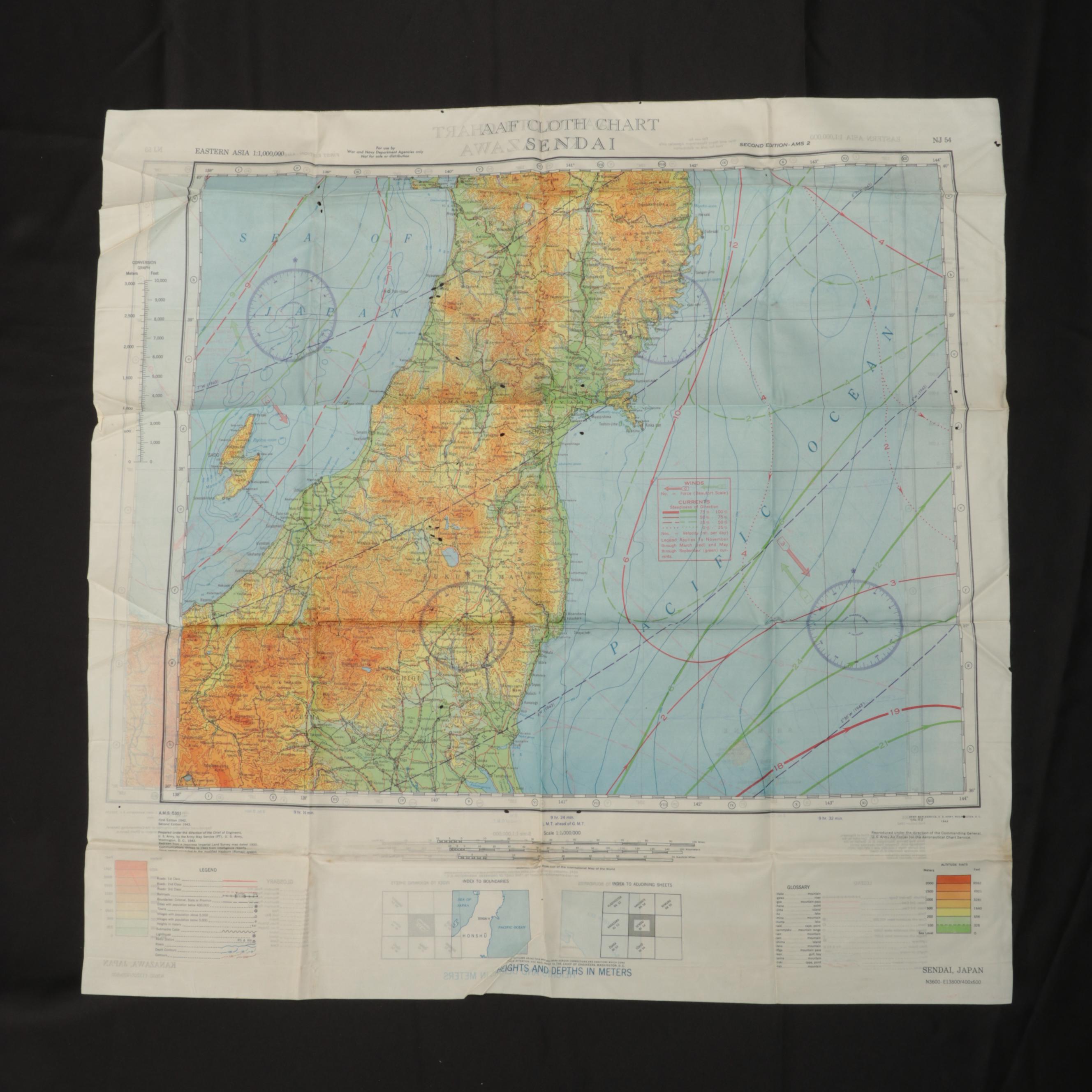 World War II Coated Cloth Escape "Silk" Maps of Nagasaki, Sendai, Ryojun
