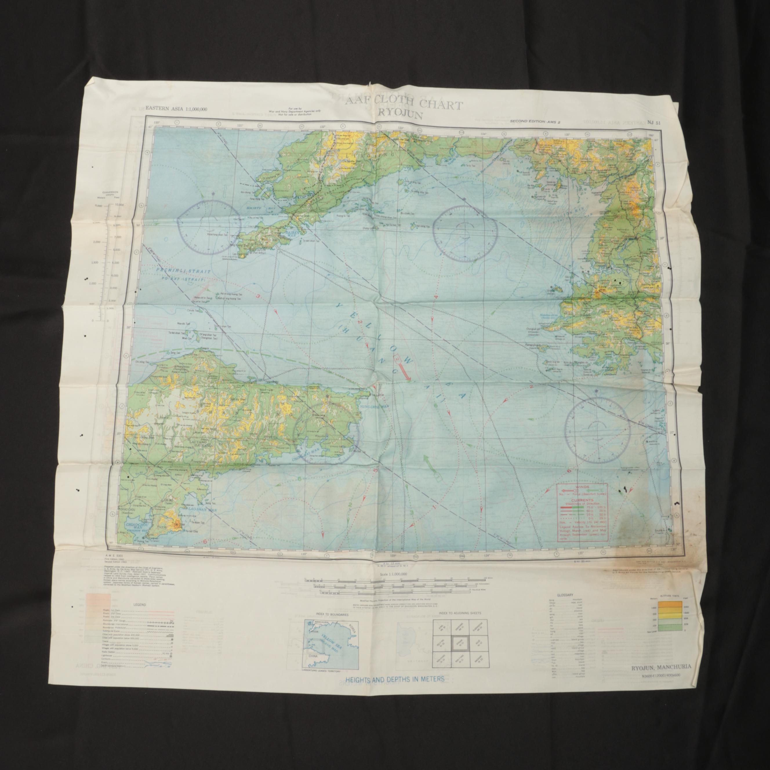 World War II Coated Cloth Escape "Silk" Maps of Nagasaki, Sendai, Ryojun