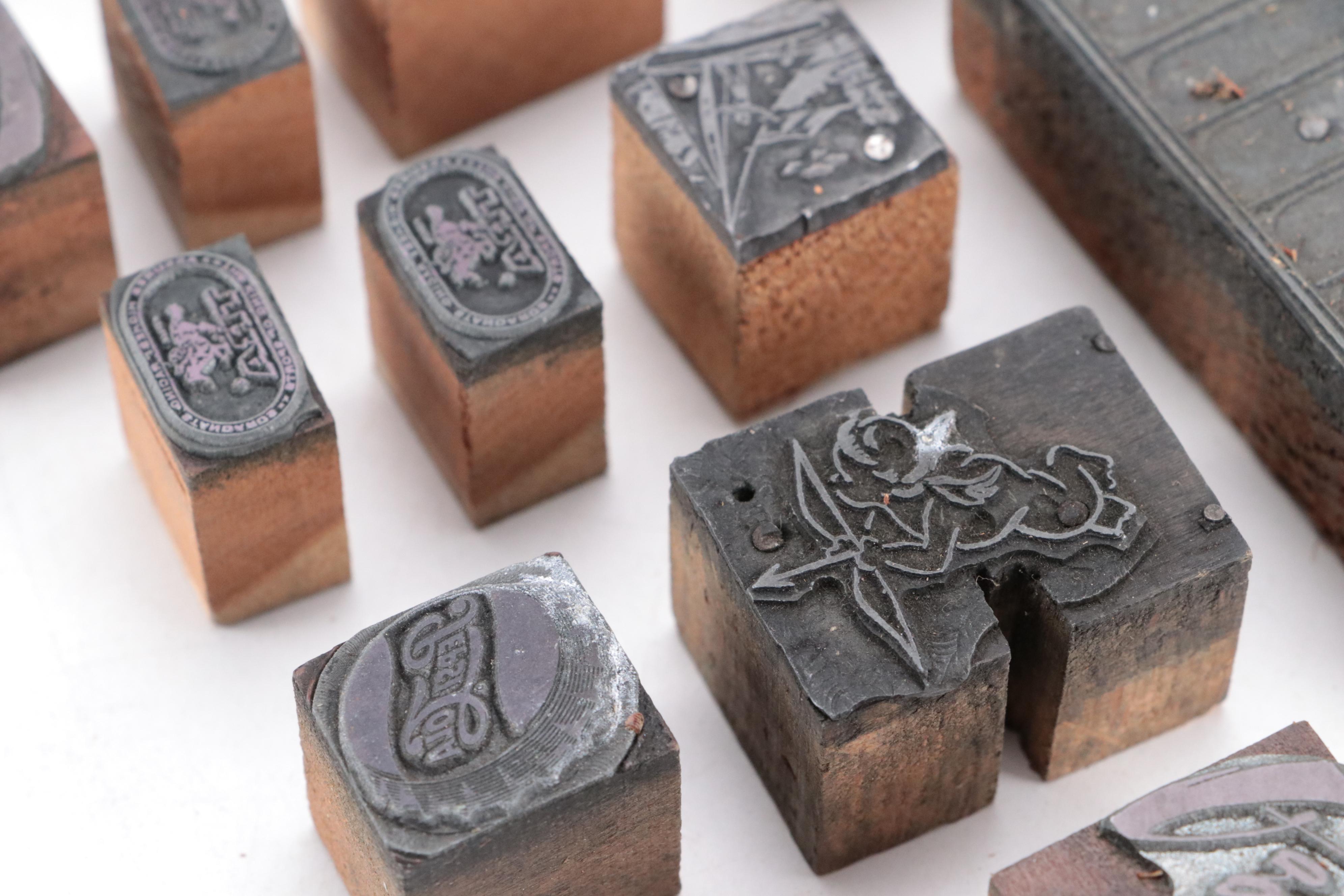 Advertiser's Letter Press Printing Blocks with Indian Textile Printing Block