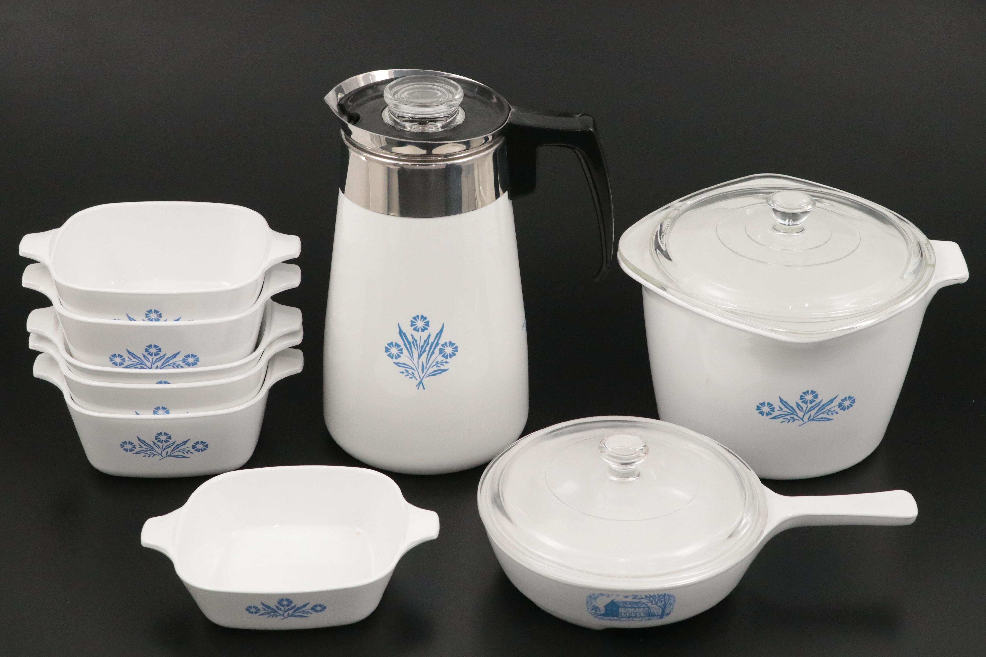 Corning "Cornflower Blue" Coffee Pot and Baking Dishes, Mid to Late 20th C.