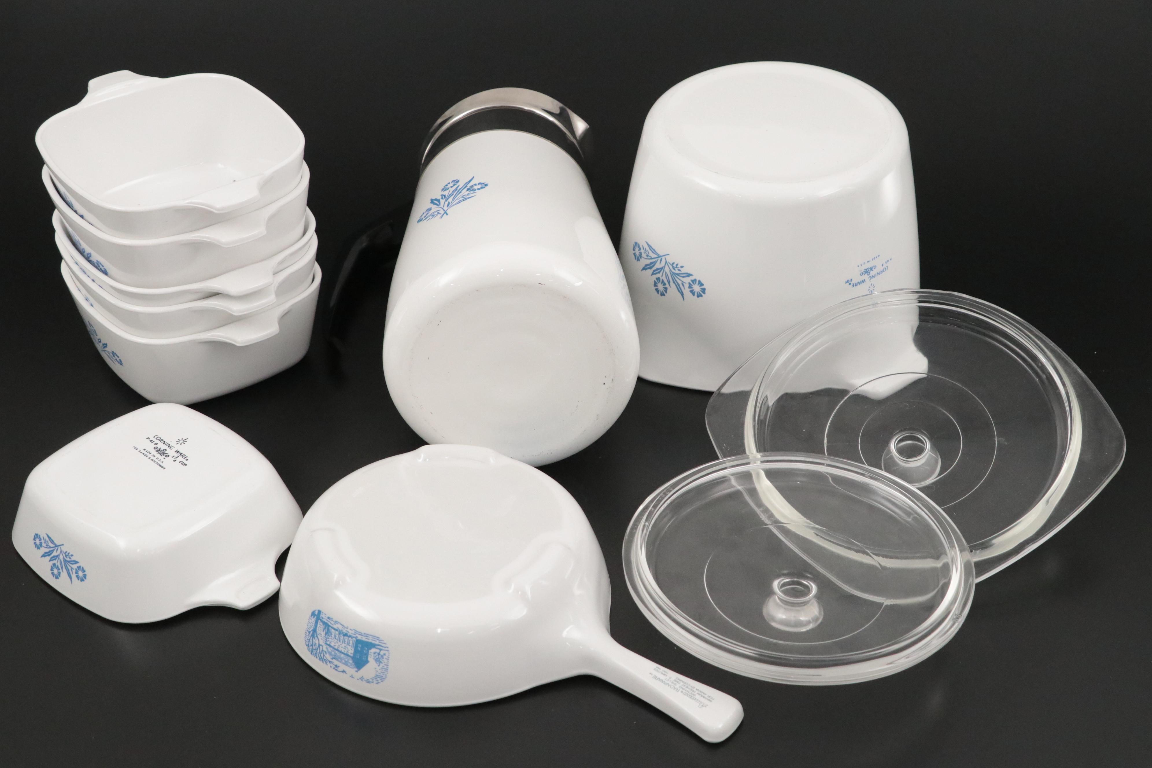 Corning "Cornflower Blue" Coffee Pot and Baking Dishes, Mid to Late 20th C.