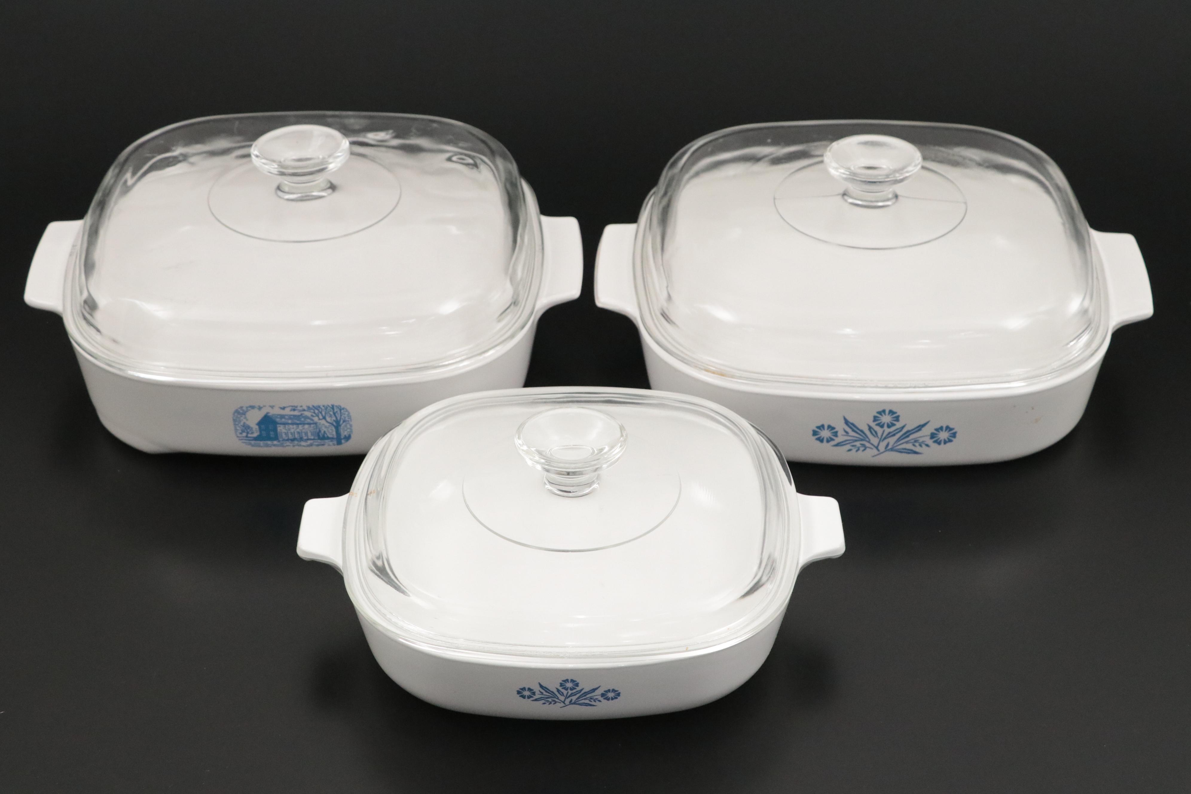 Corning "Cornflower Blue" Coffee Pot and Baking Dishes, Mid to Late 20th C.